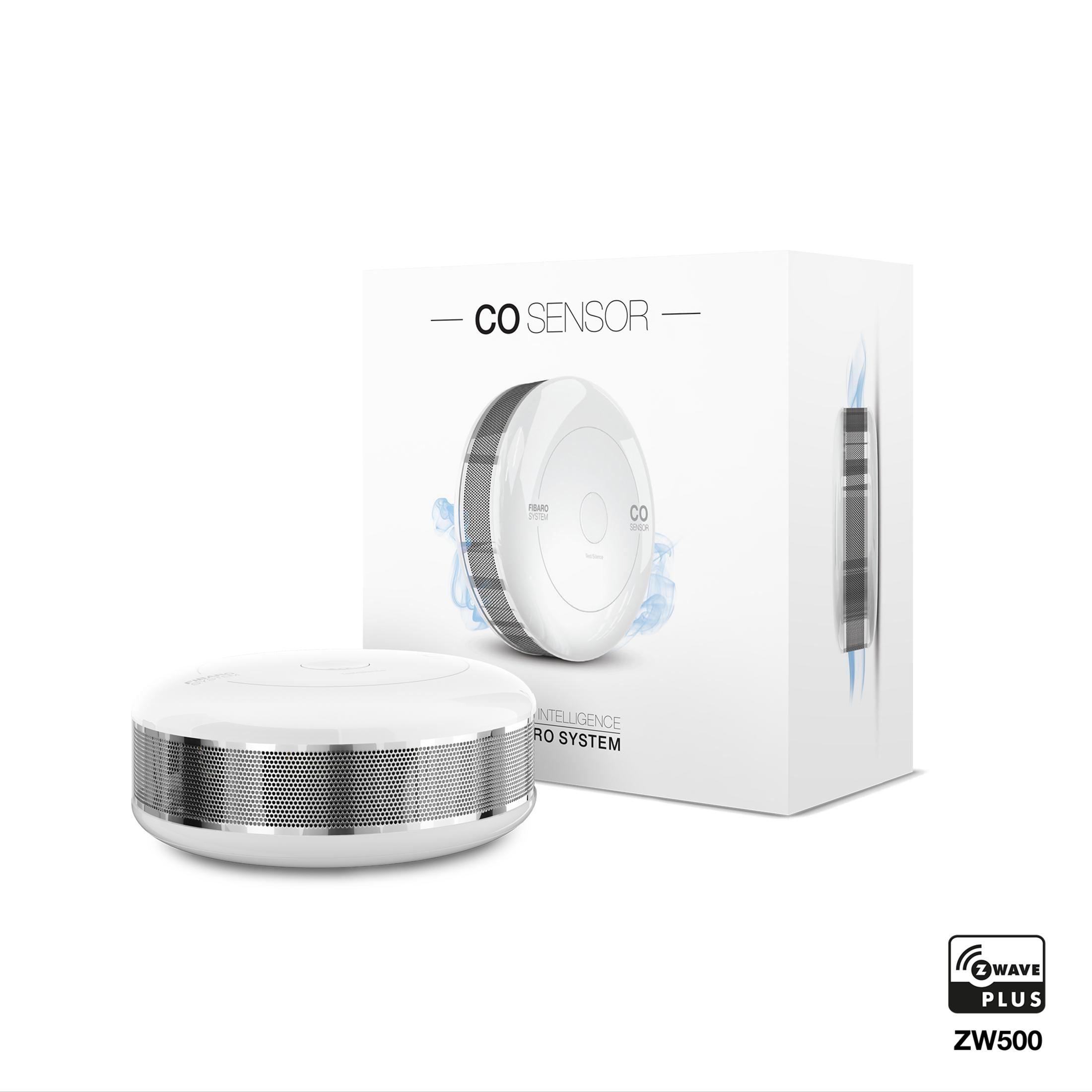 Un sensor de CO blanco con Z-Wave Plus y un paquete al lado.