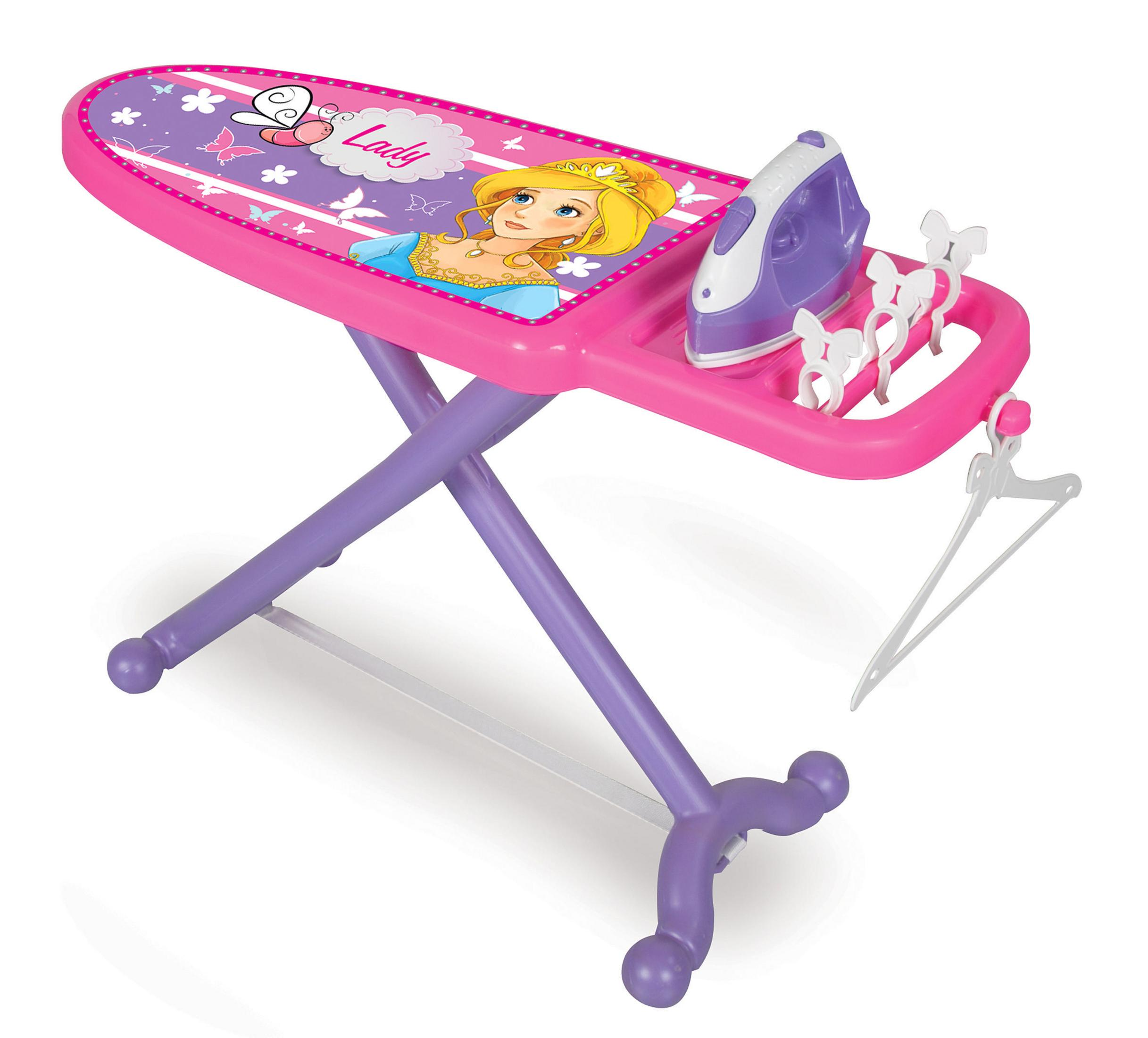 Ein lila und pinkes Spielzeug-Bügeleisen auf einem Bügelbrett mit Prinzessinnenmotiv.