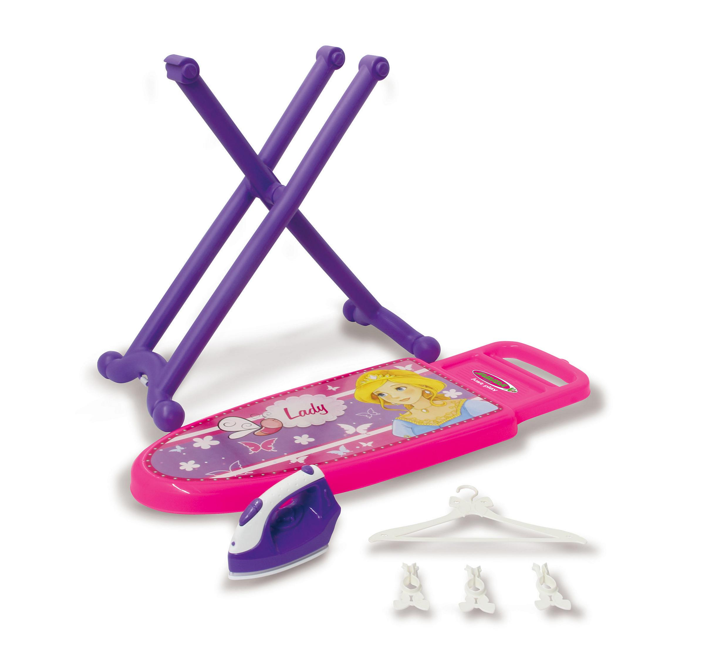 Ein lila Bügelbrett-Set für Kinder mit Bügeleisen, Kleiderbügel und Clips.