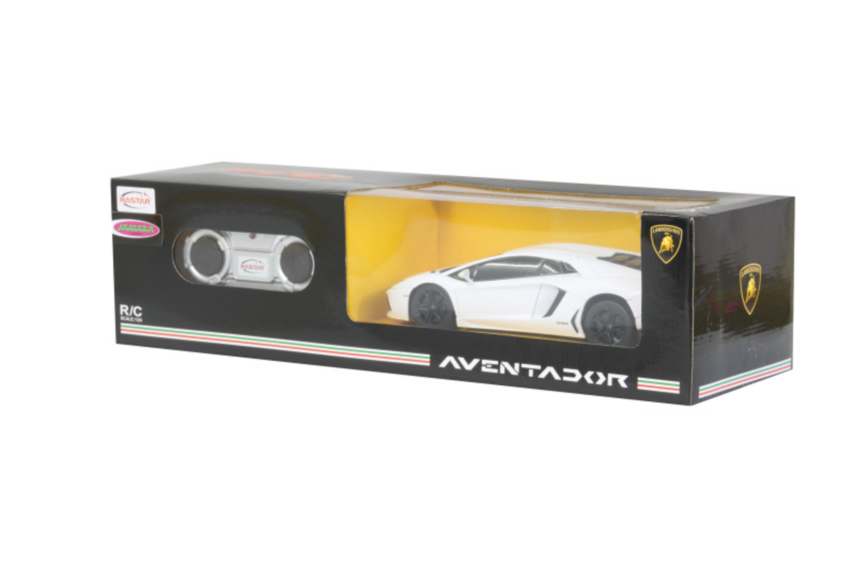 Verpackung eines weißen Lamborghini Aventador Spielzeugautos mit Fernbedienung.