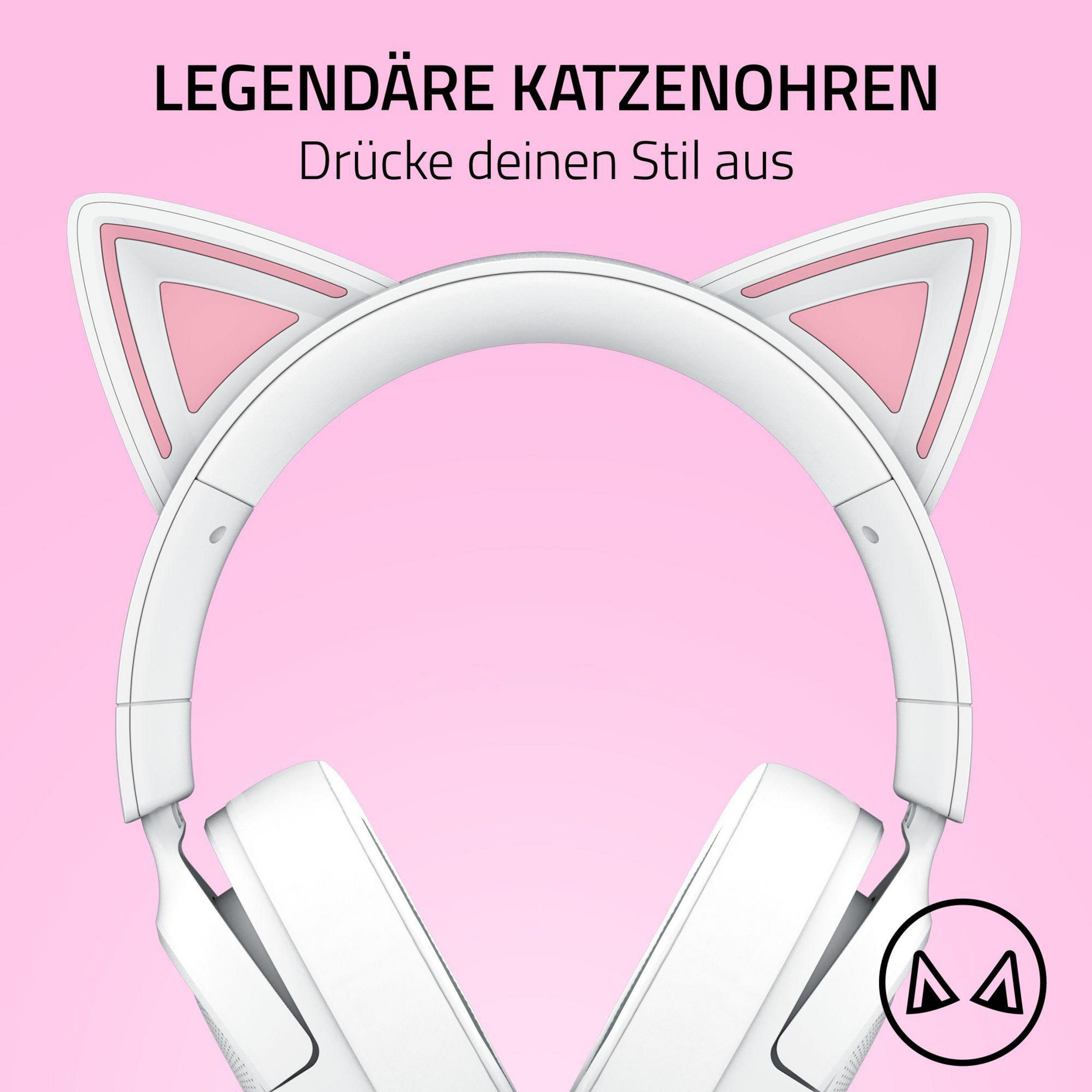 Cuffie bianche con orecchie da gatto rosa e testo.