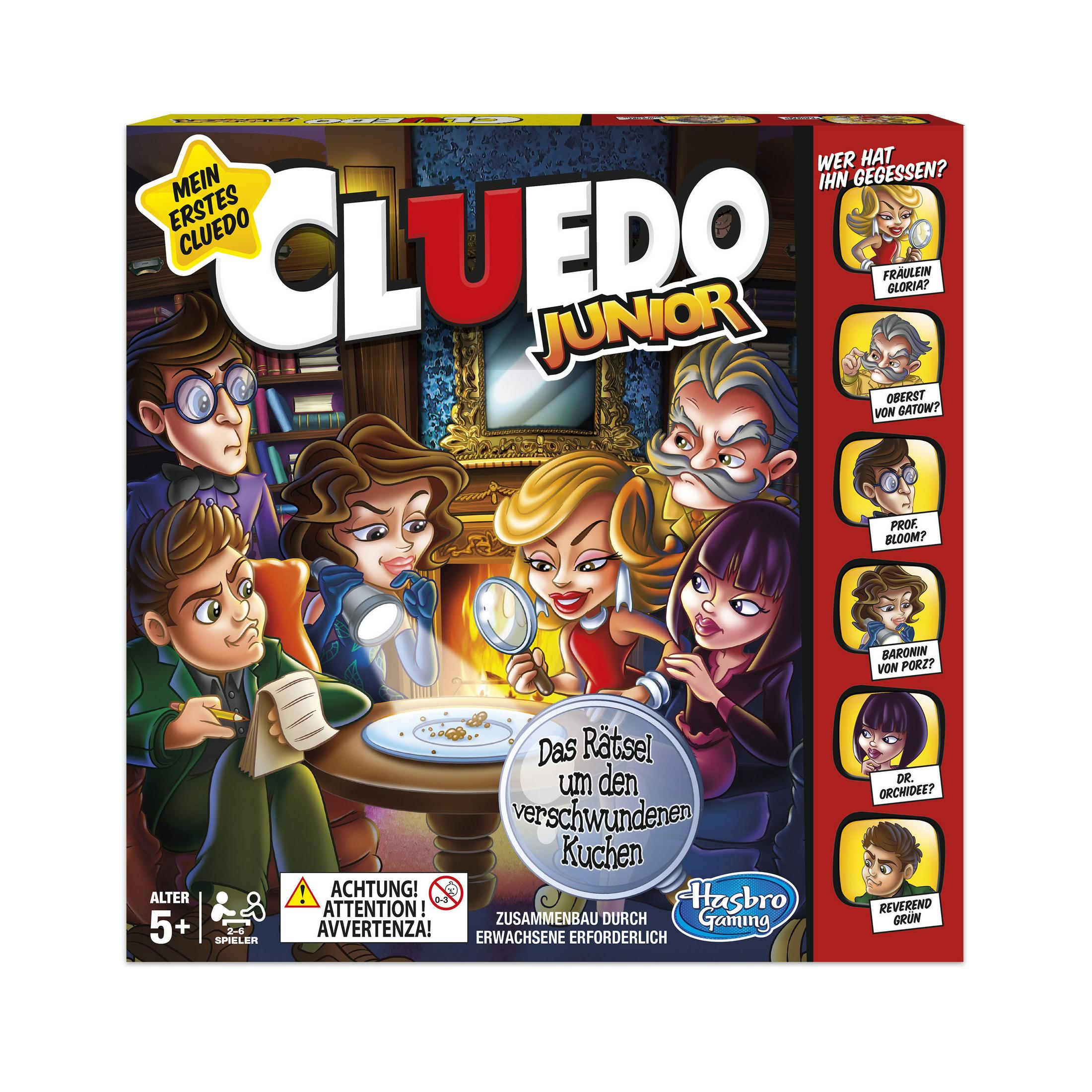 Cluedo Junior Spielbrett mit Charakteren, die einen Fall lösen, und Spielhinweisen.