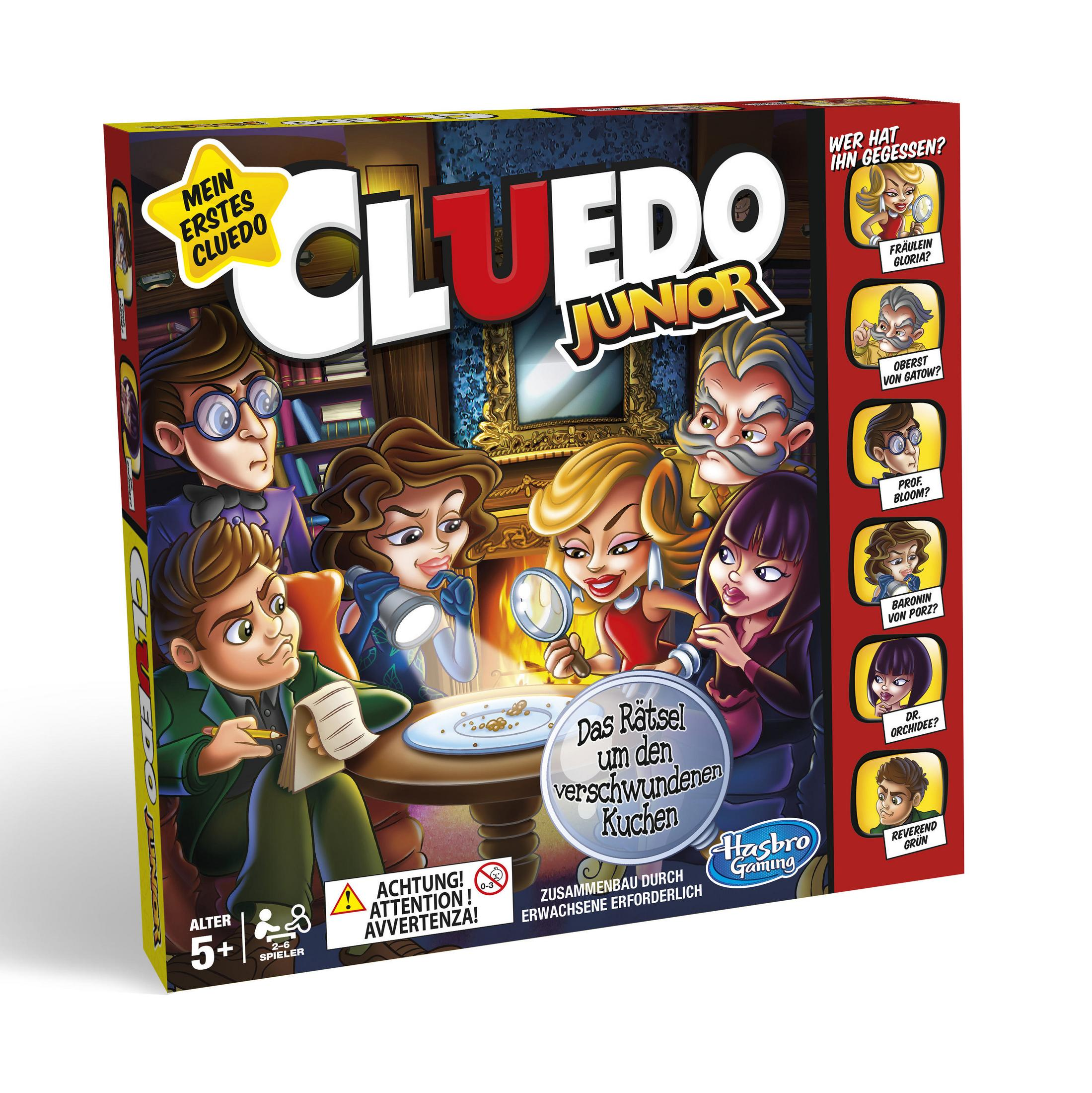 Brettspiel "Mein erstes Cluedo Junior" mit Charakteren und Rätseltext.