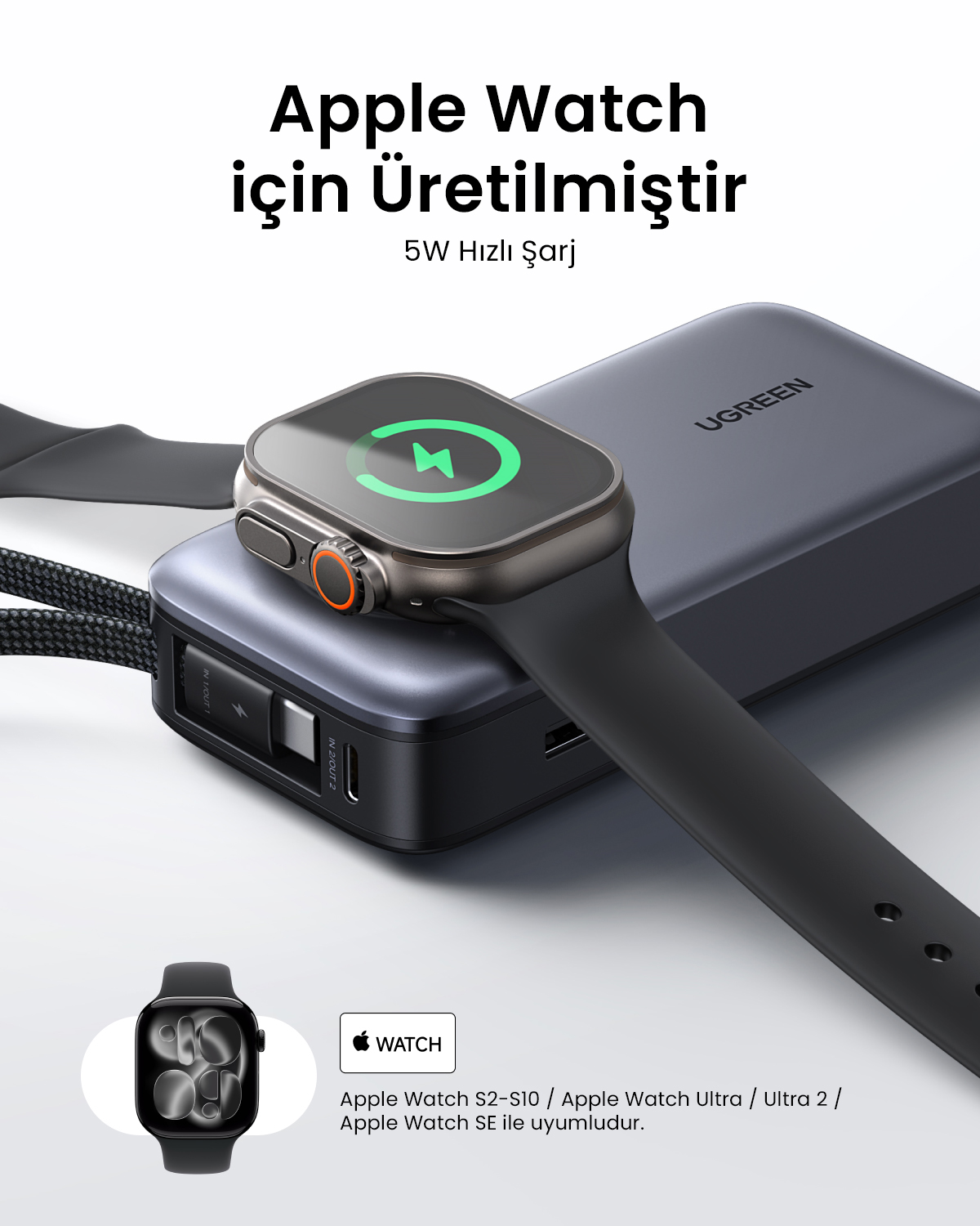 Şarj olan Apple Watch'lu gri UGREEN şarj cihazı.