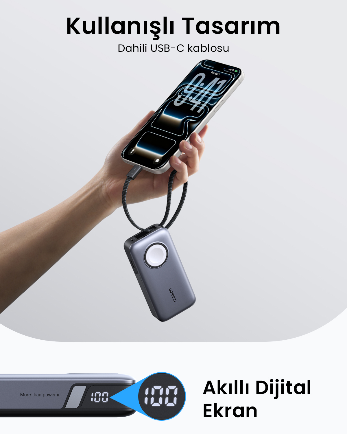 Beyaz merkezli gri powerbank, iPhone'a bağlı. Dijital ekran 100 gösteriyor.