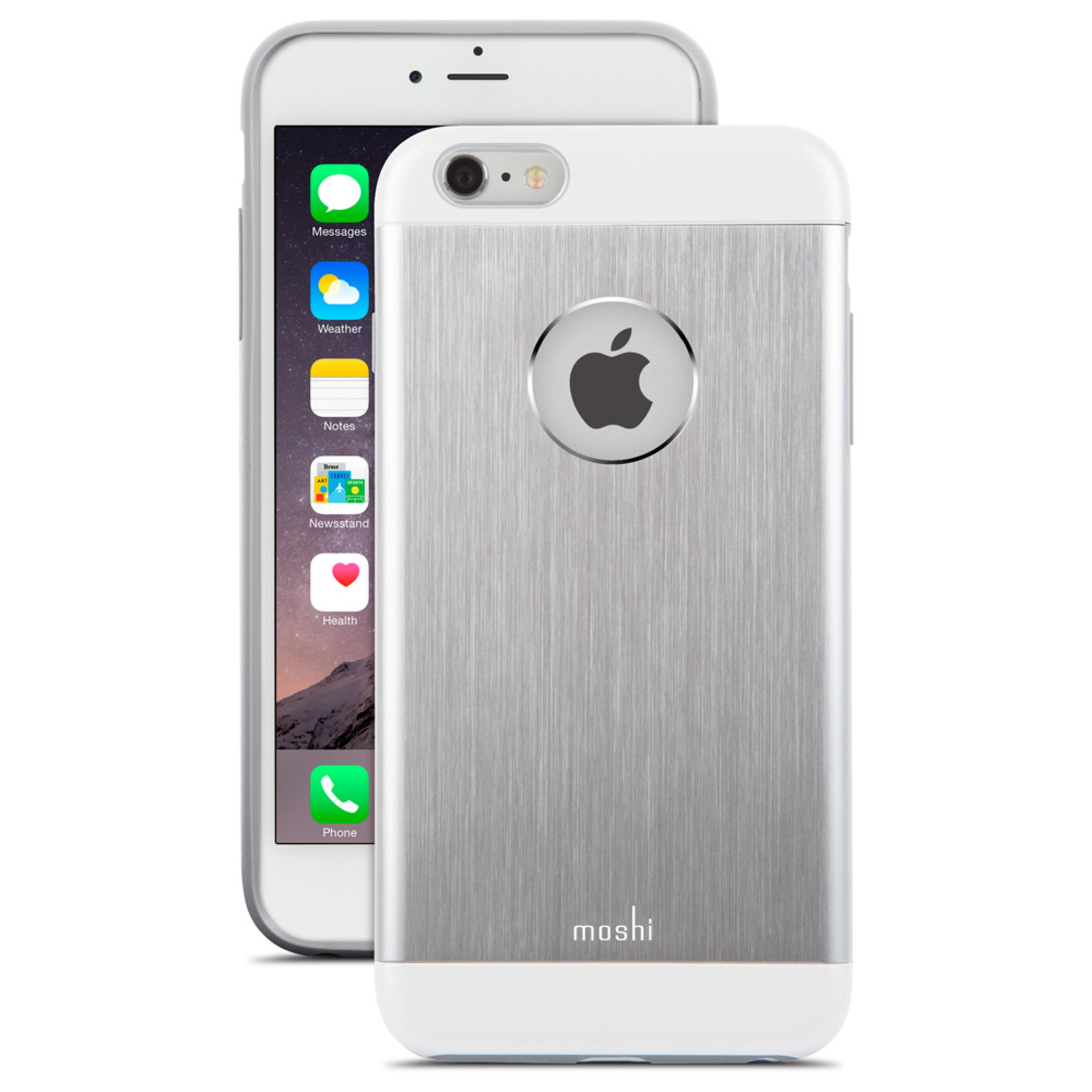 Una cover argentata per iPhone con logo Apple e marchio Moshi.