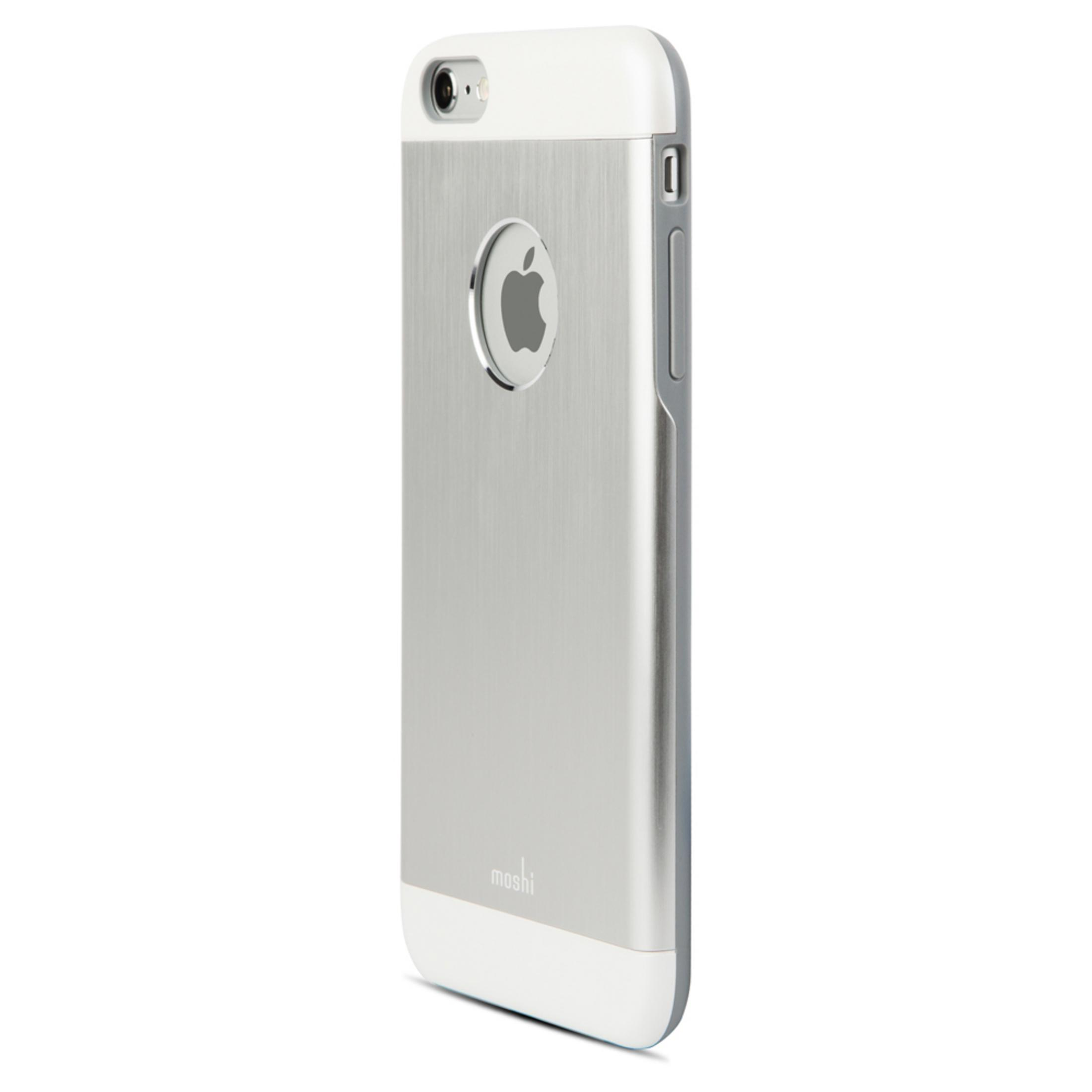 Una cover argentata per iPhone con sezioni superiore e inferiore bianche.