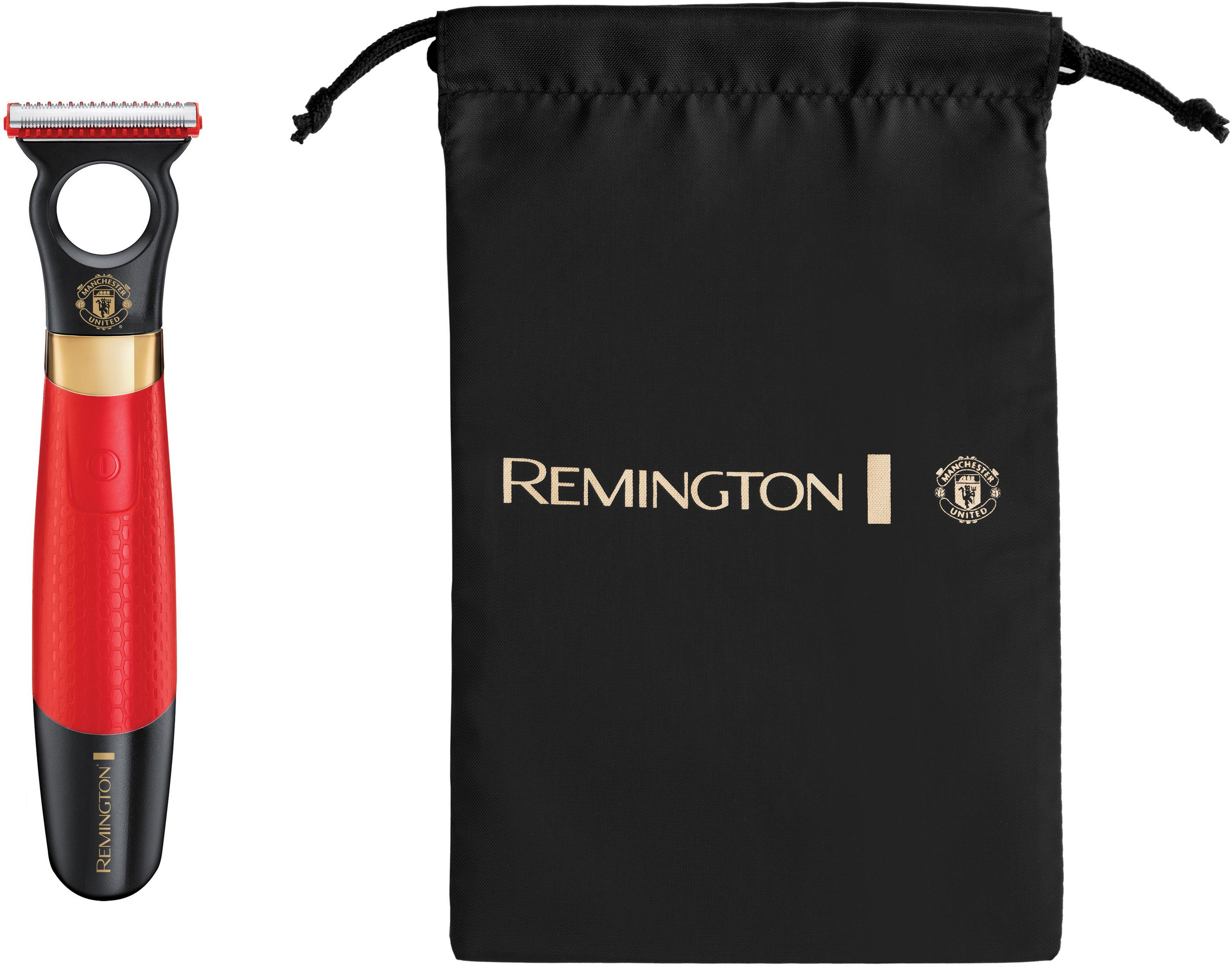 Un recortador Remington rojo con logo de Manchester United y bolsa negra.