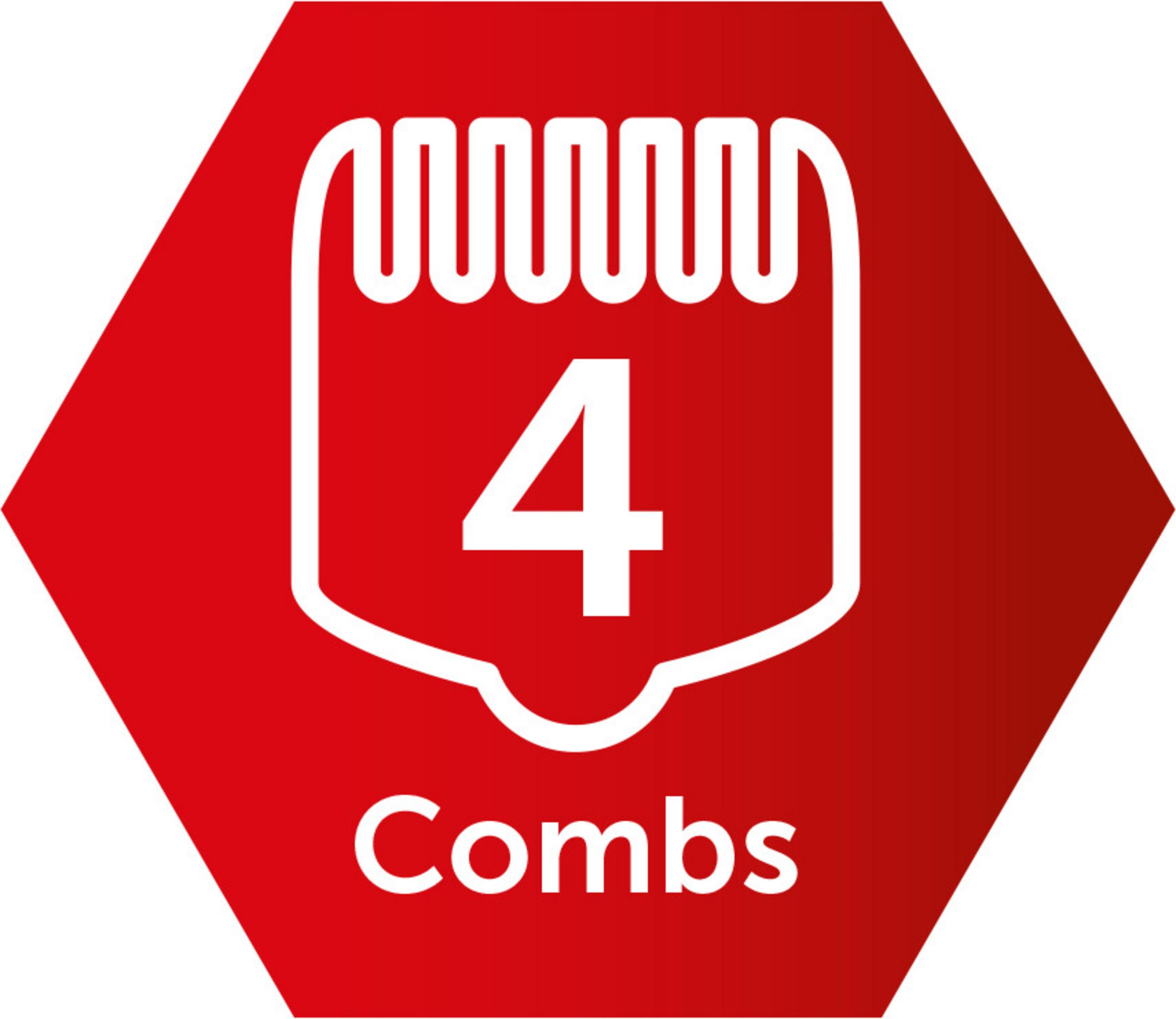 Un hexágono rojo con un icono blanco de un accesorio de peine, el número 4 y la palabra "Combs".