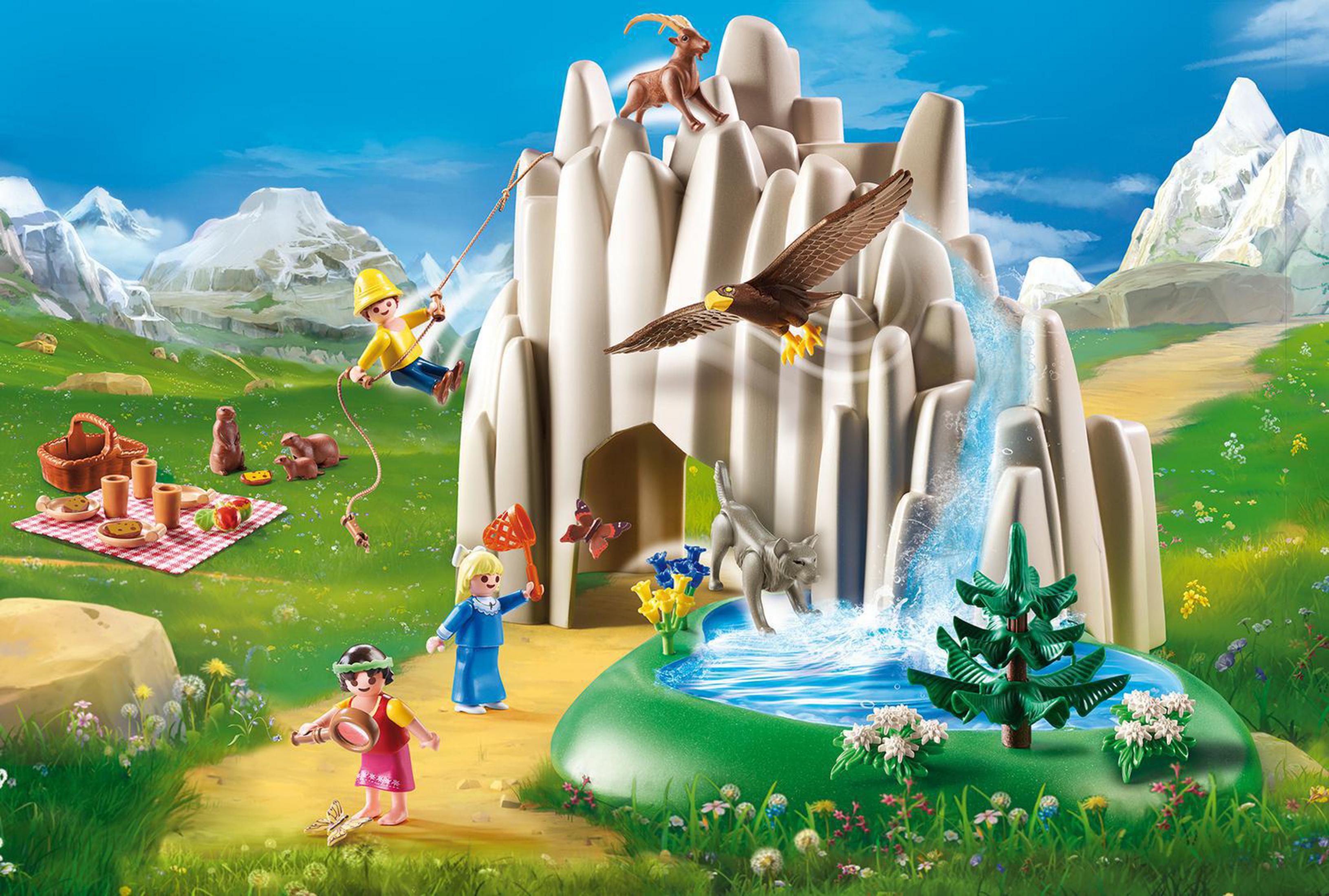 Kinder spielen in Berglandschaft mit Tieren und Wasserfall.