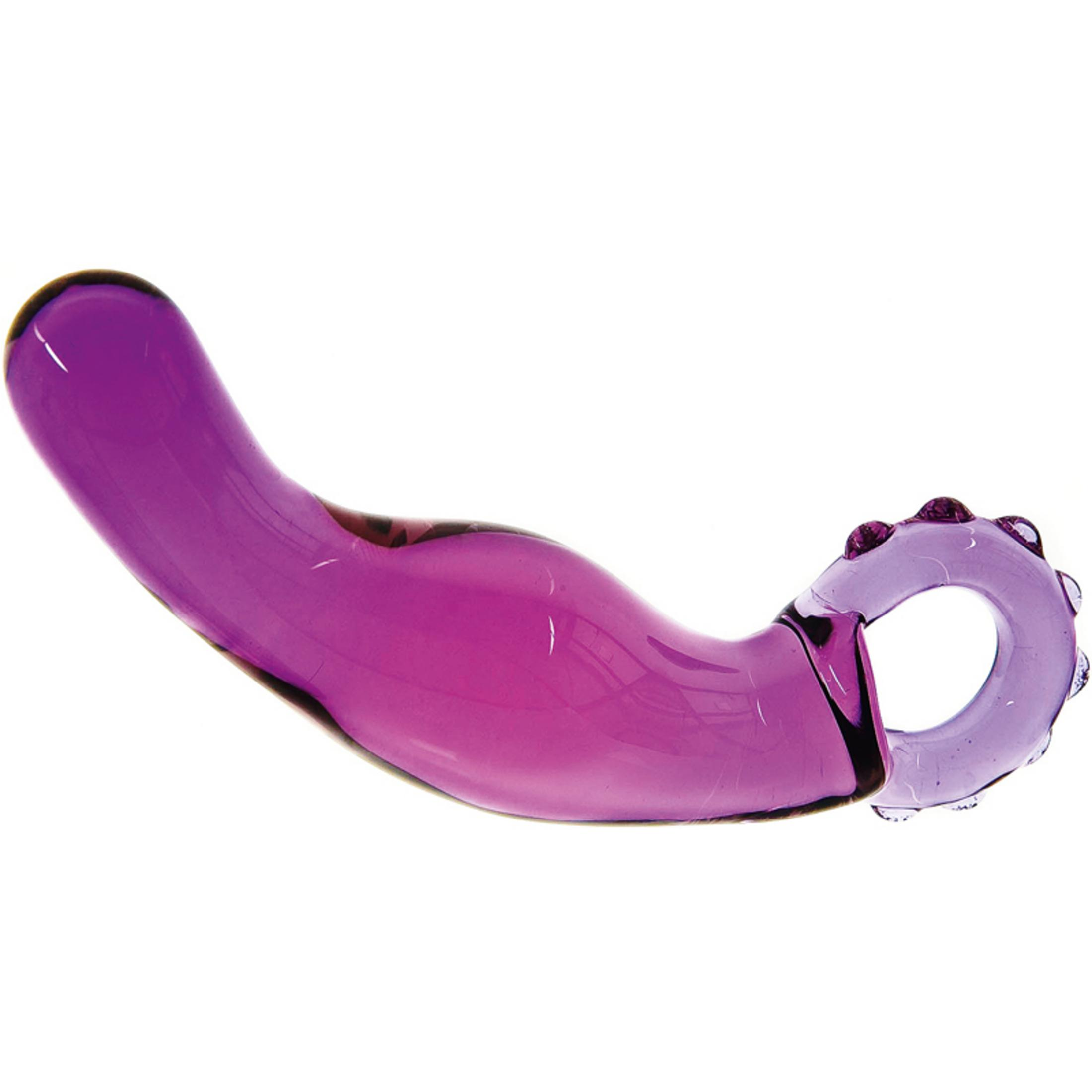 Ein violetter Glasgegenstand mit einer gebogenen Form und einem Ring am Ende.