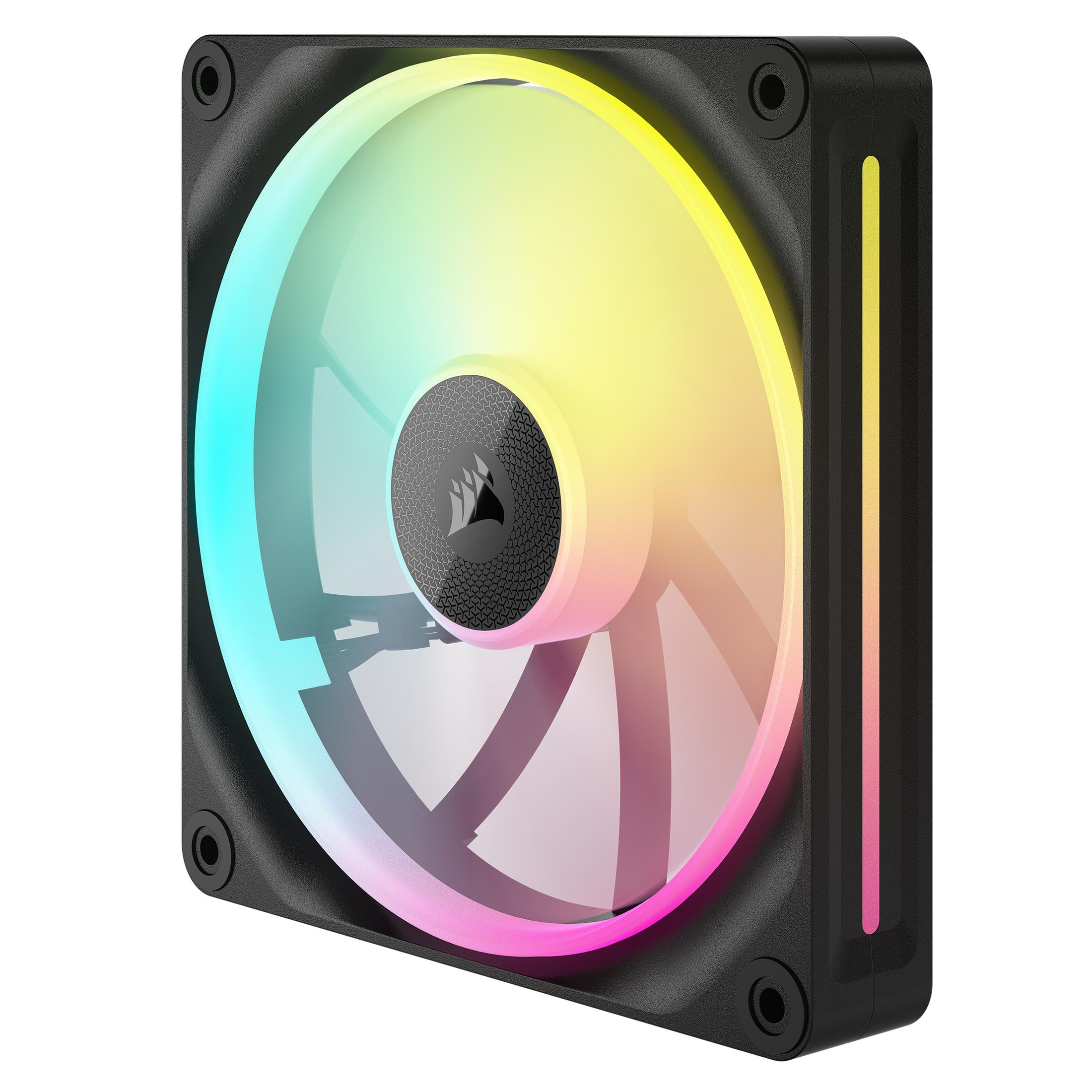 Un ventilateur PC noir avec éclairage RVB aux teintes bleues, jaunes et roses.