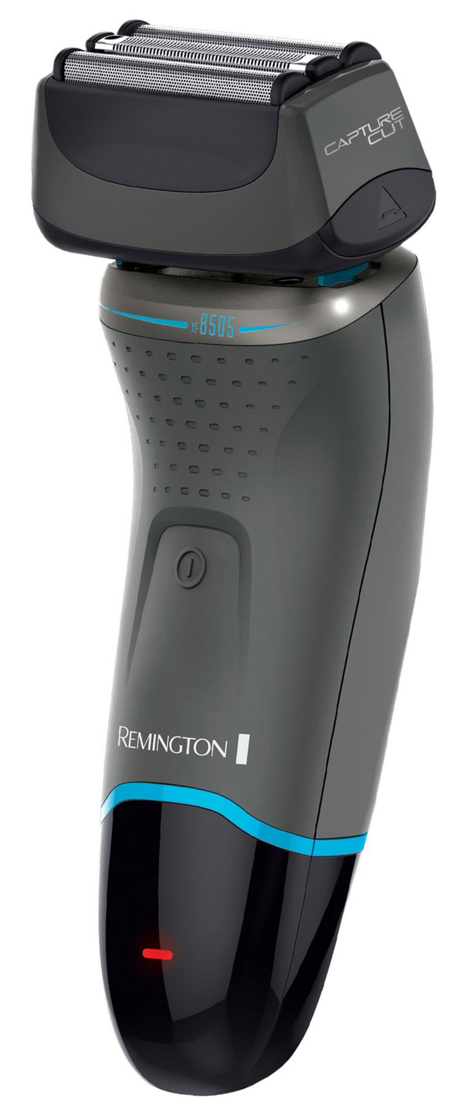 Mavi süslemeli ve dijital ekranlı gri Remington tıraş makinesi.