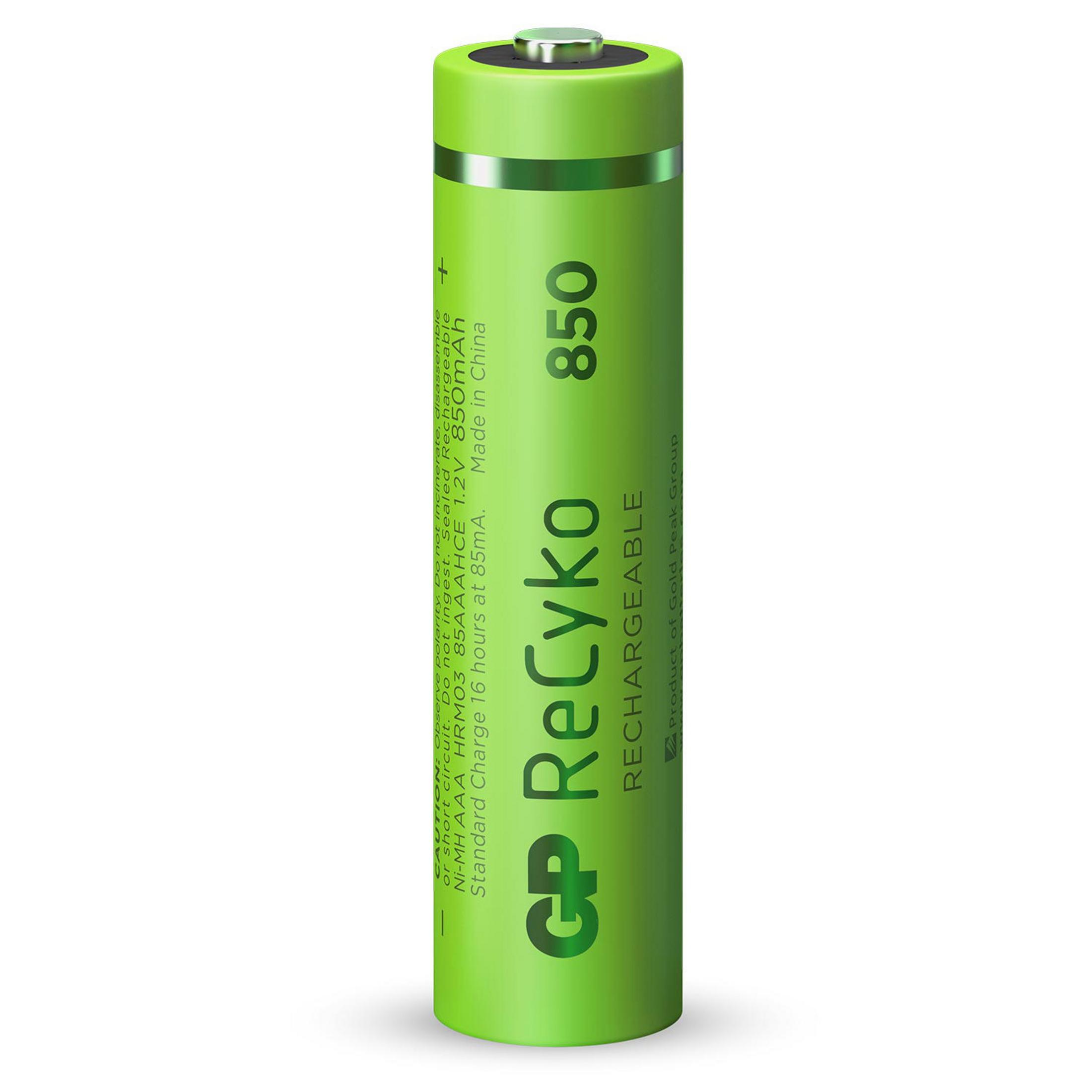 Eine grüne AAA-Batterie mit der Aufschrift 'CP ReCyko 850mAh'.