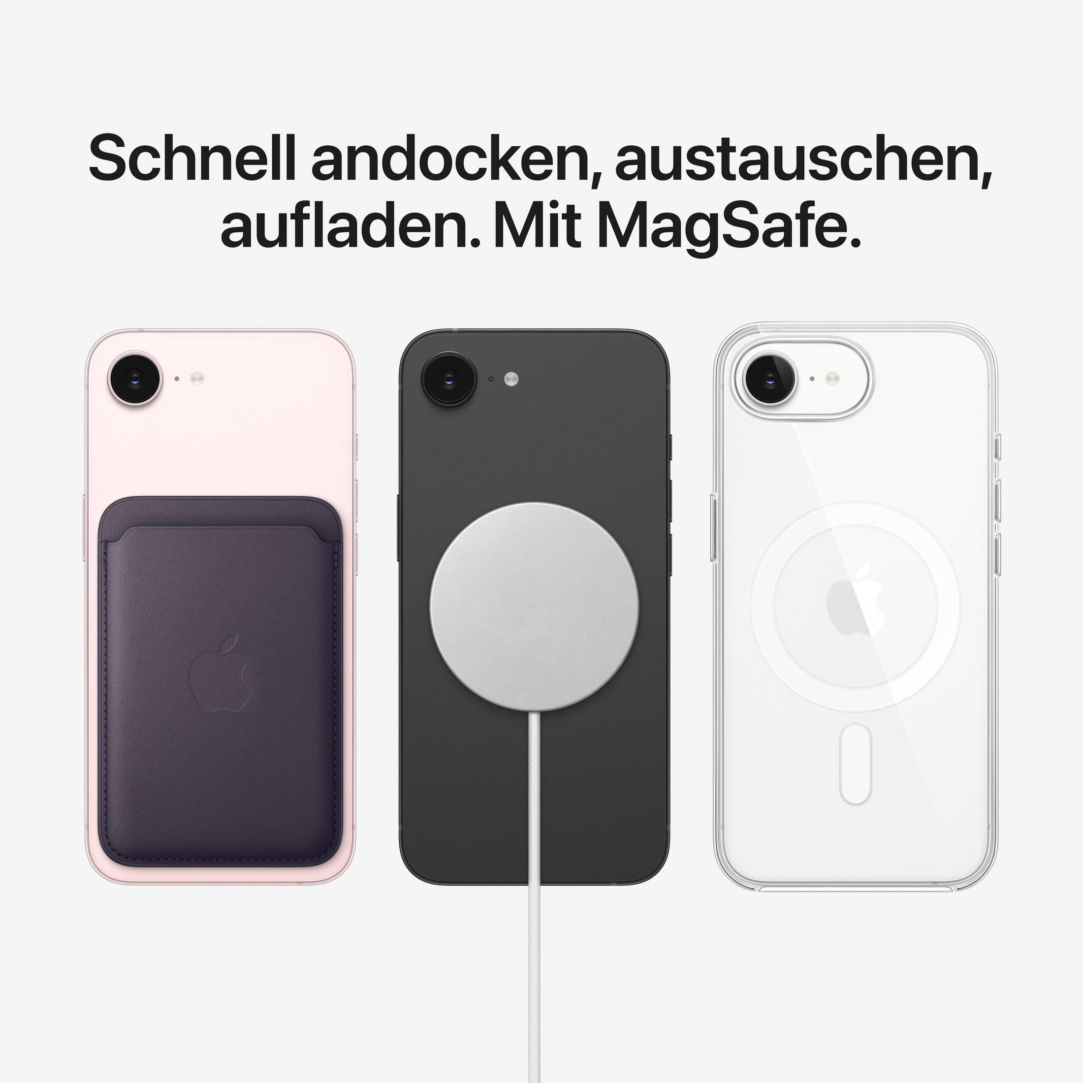 Tre iPhone: rosa con porta carte, nero con caricatore, trasparente con custodia.