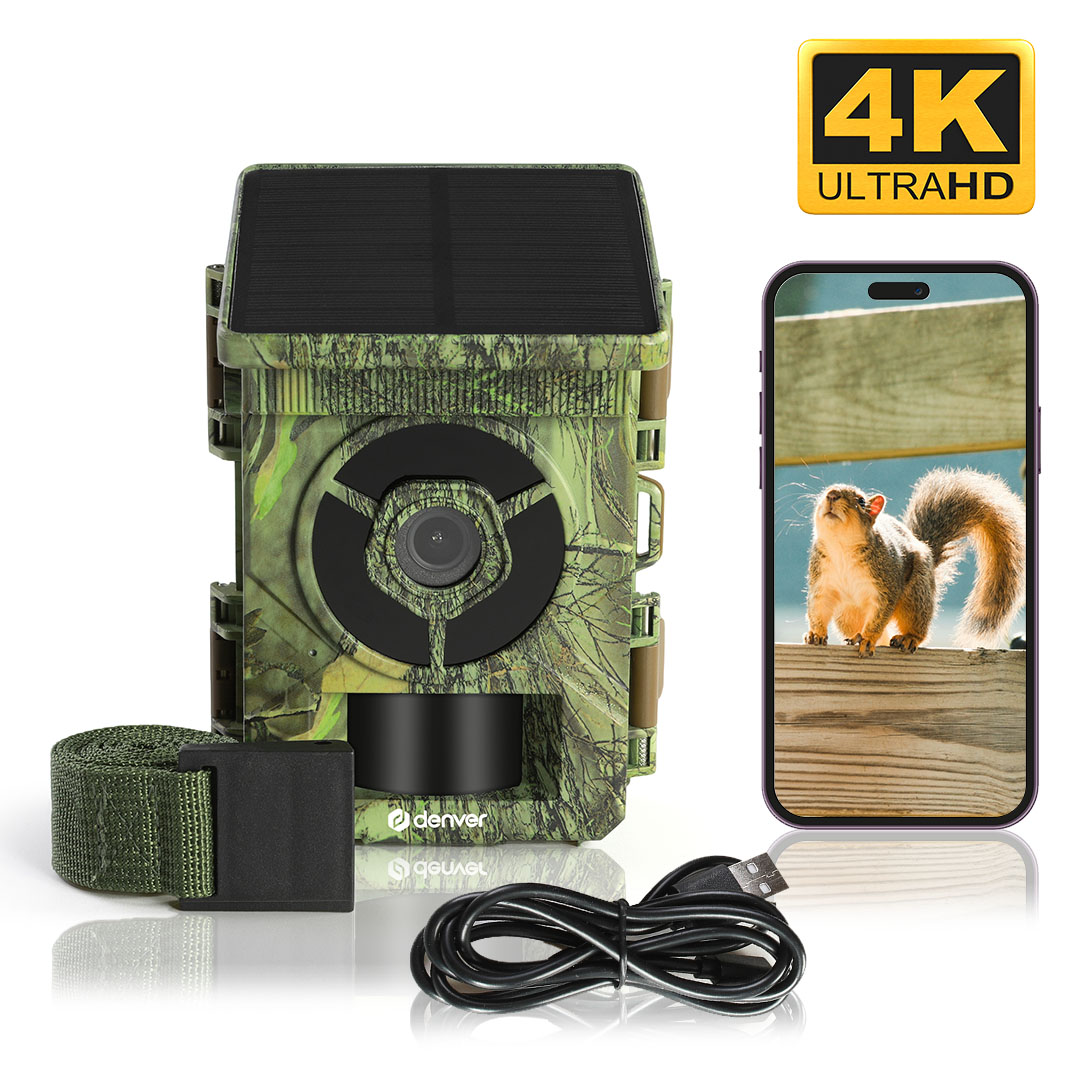 Camouflage-Wildkamera mit Solarpanel, Gurt, Kabel und Handy mit Eichhörnchen.