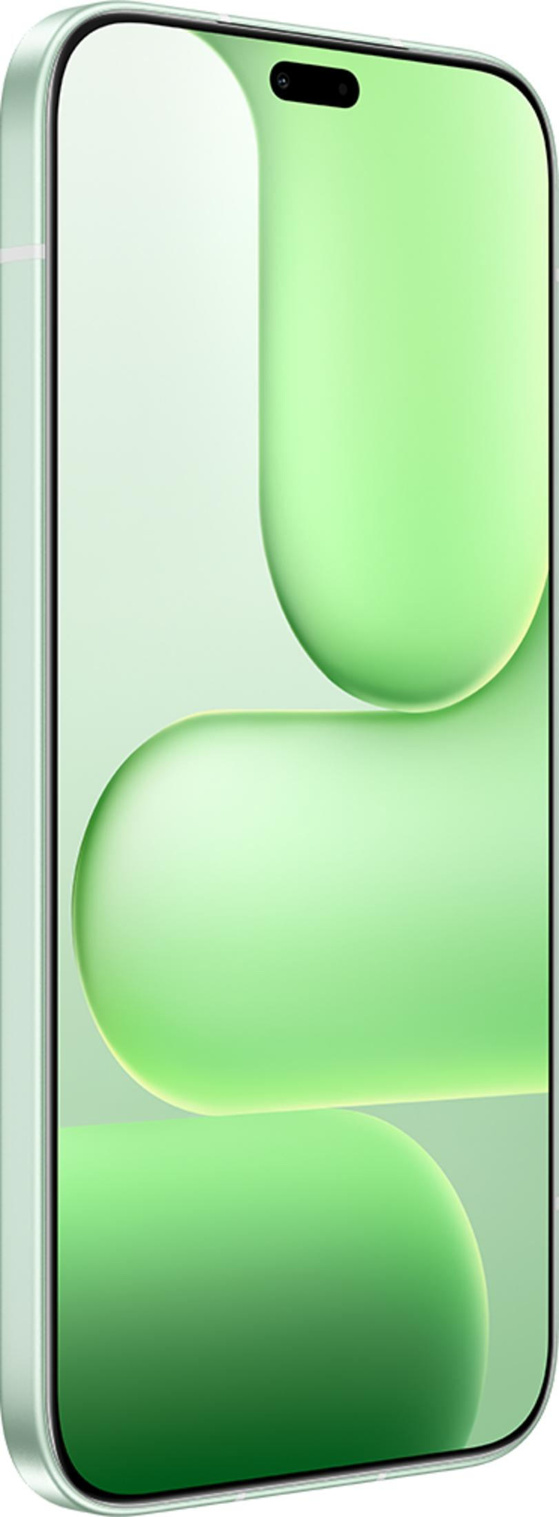 Un smartphone verde claro con esquinas redondeadas y una muesca negra estrecha arriba.