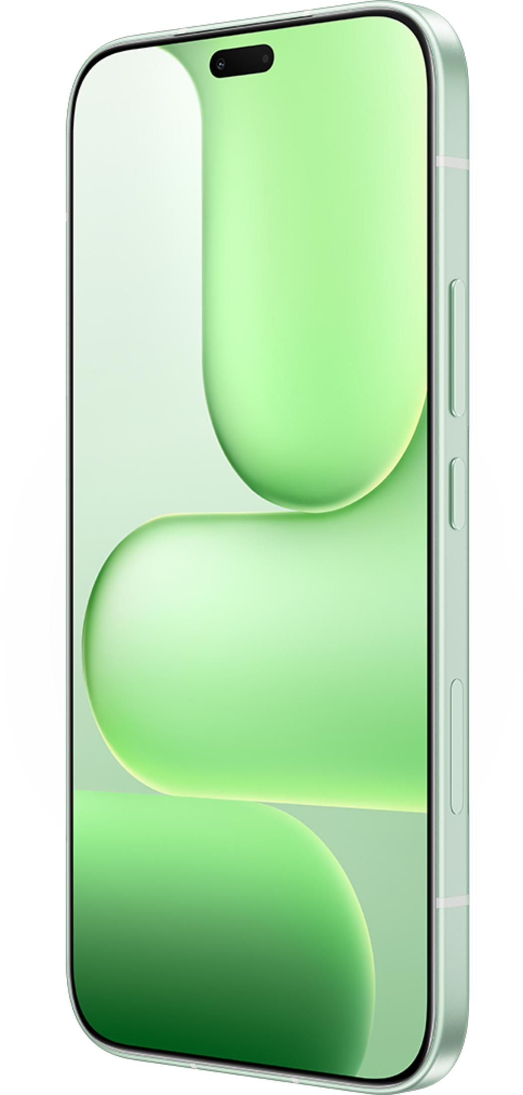 Un teléfono inteligente verde claro que muestra un fondo abstracto y dinámico en su pantalla.
