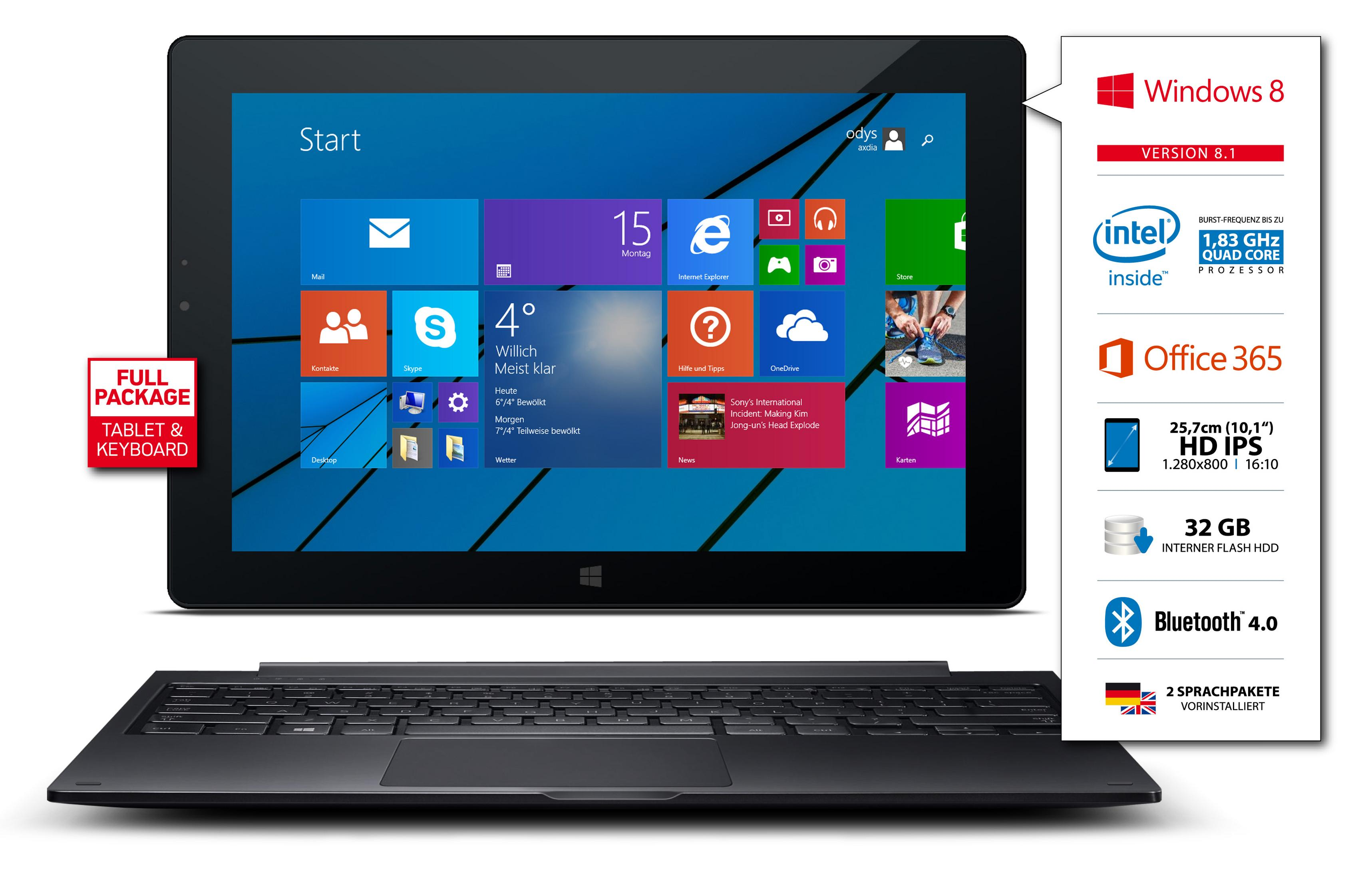 Ein Windows 8 Tablet mit Tastatur, Intel Prozessor und Office 365.