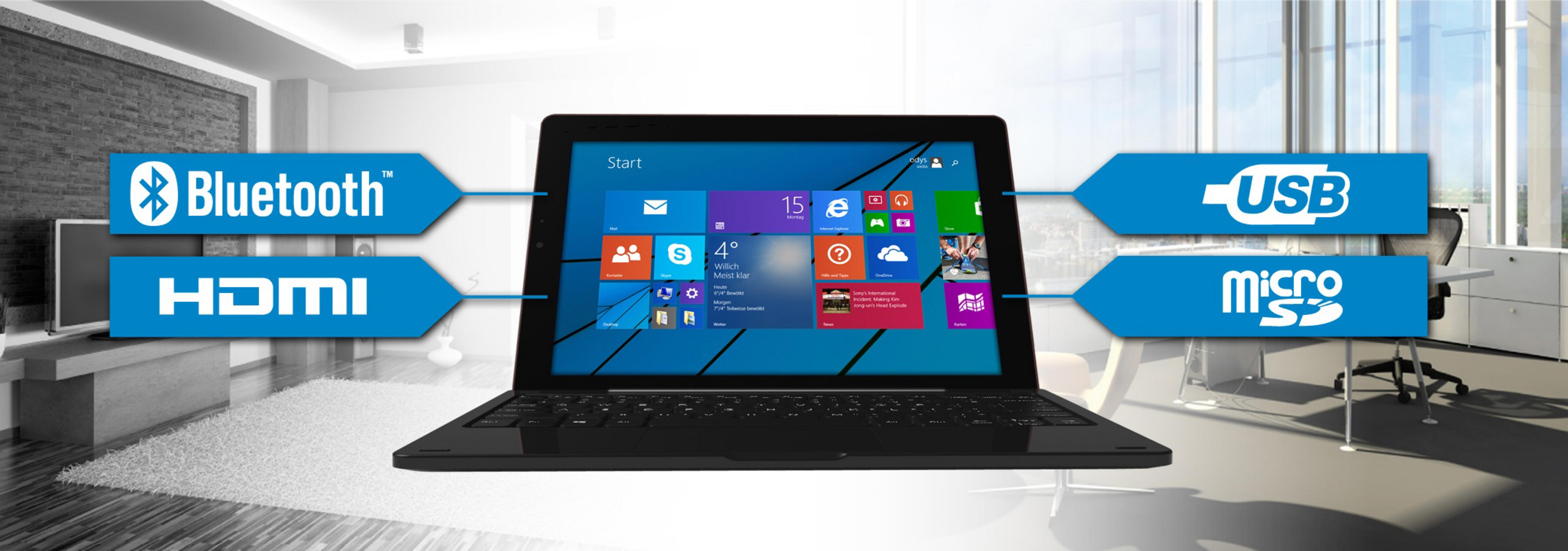 Ein Laptop mit Windows 8 zeigt Bluetooth, HDMI, USB und MicroSD-Anschlüsse an.
