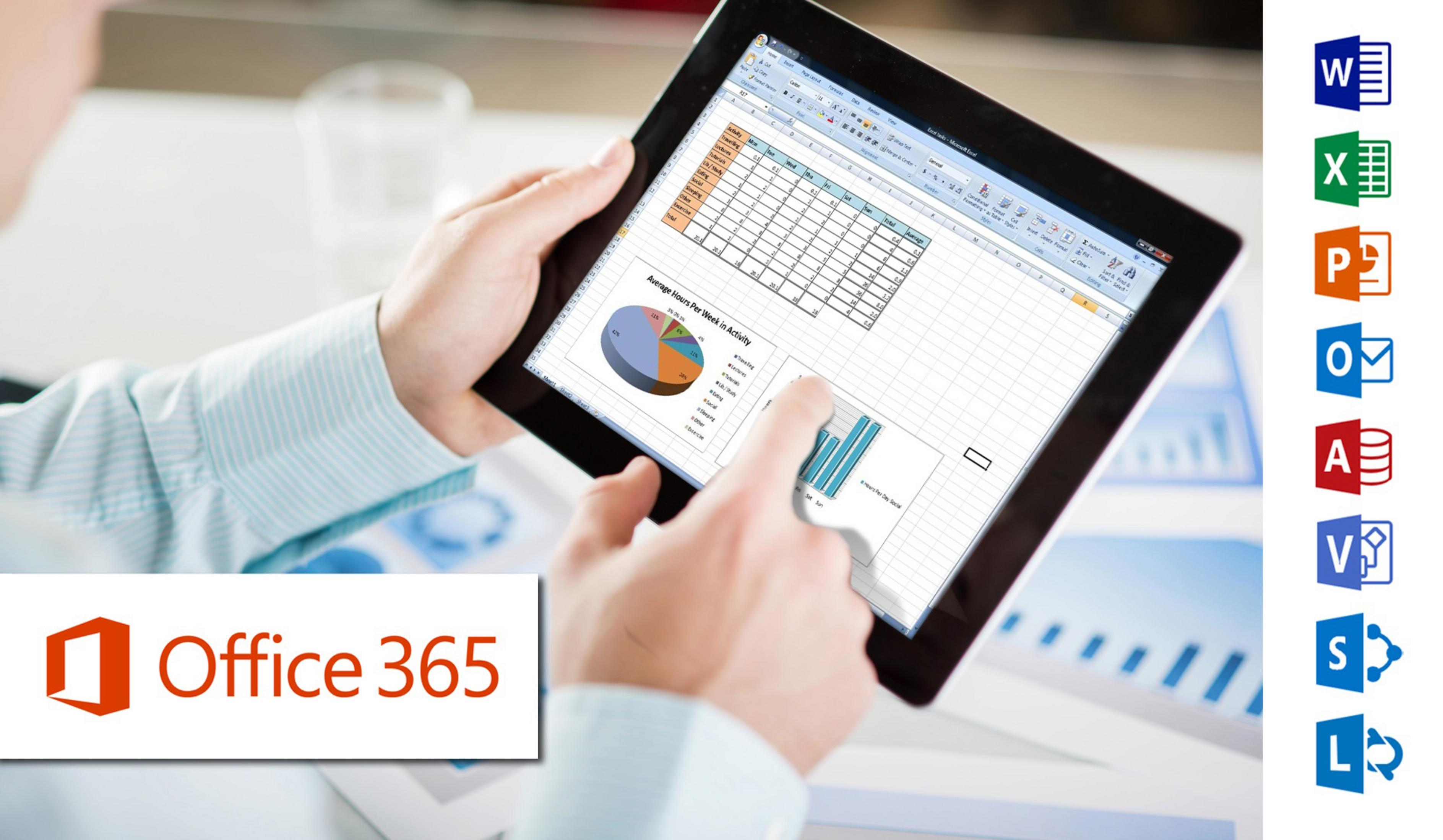 Eine Person hält ein Tablet mit Excel-Daten und Diagrammen, daneben Office-Symbole.