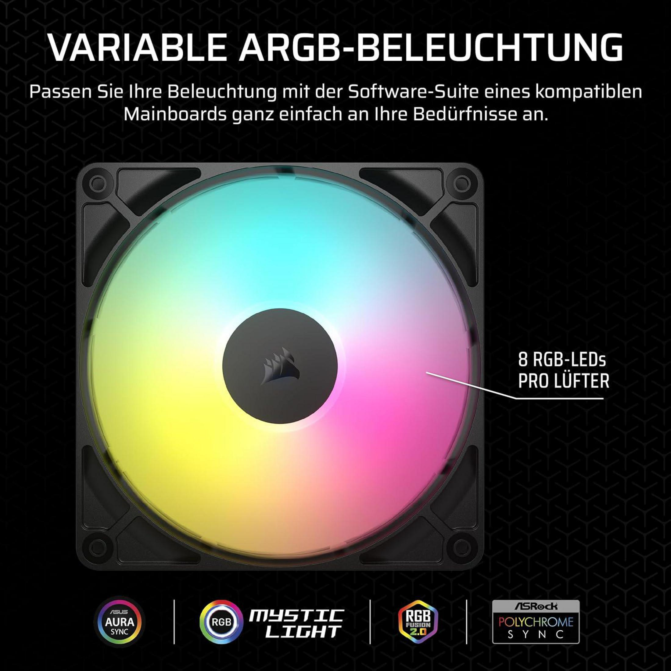 Un ventilador de PC ARGB con colores cambiantes y logotipos de software RGB.