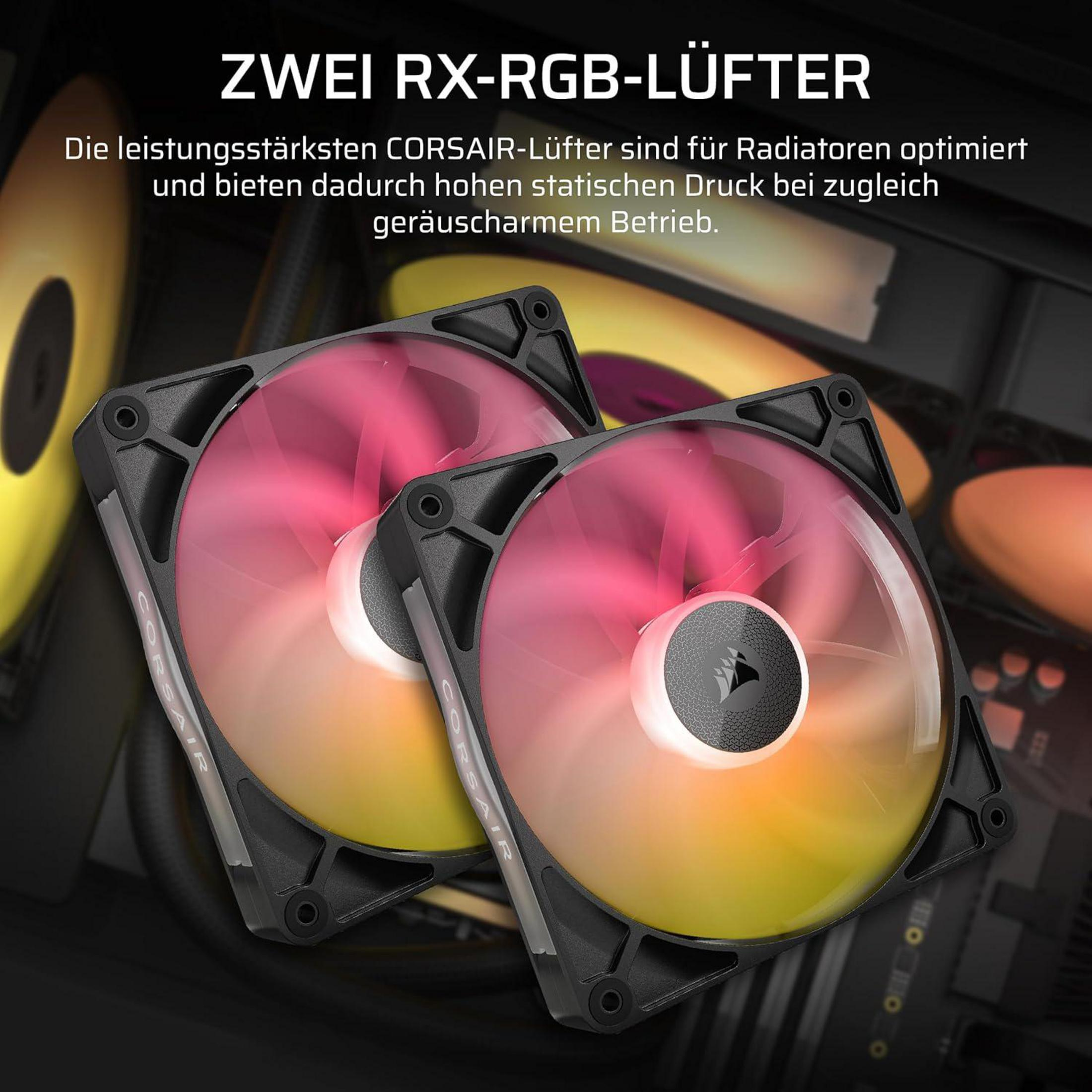Zwei Corsair RGB-Lüfter mit roten und gelben Lichtern.