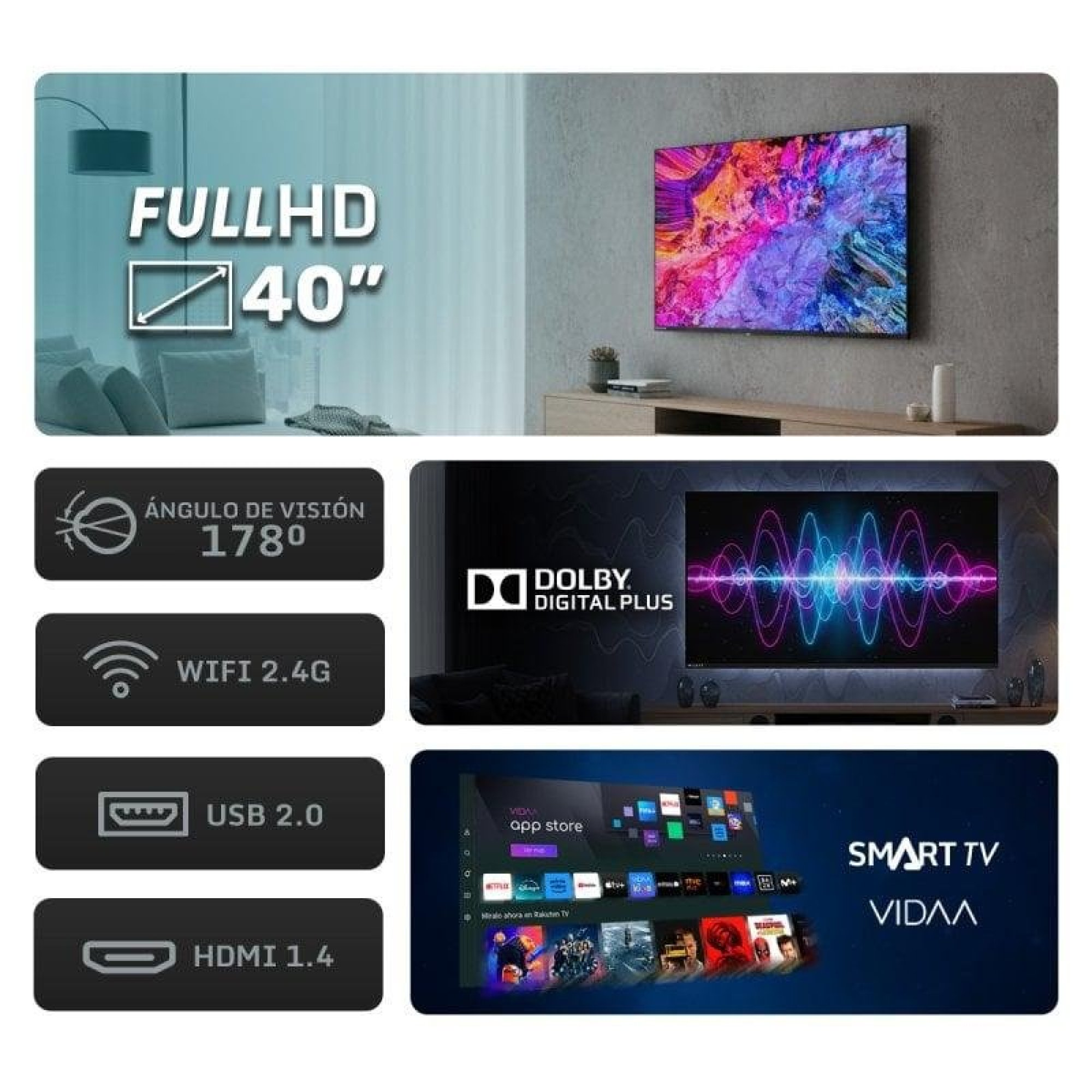 Una Smart TV FullHD da 40" con angolo di visione 178°, WiFi, Dolby Digital Plus.