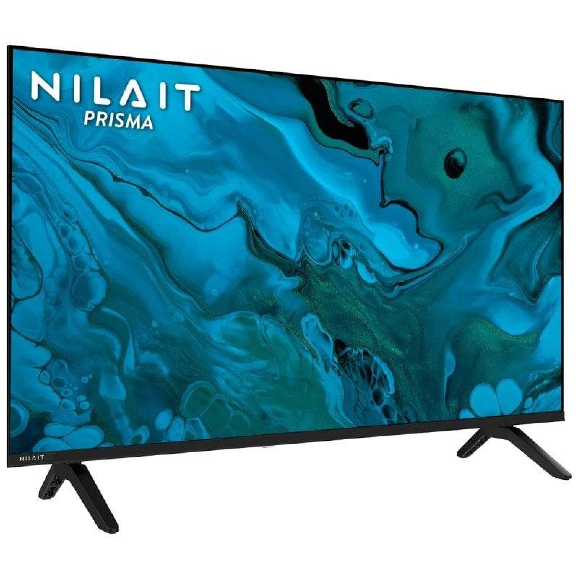 Un televisore nero con sfondo astratto blu-verde e due piedini neri.
