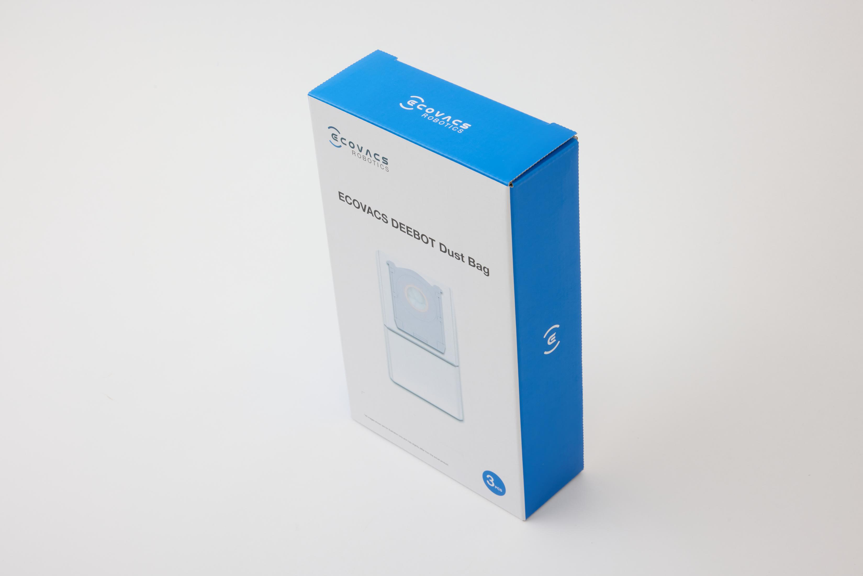Verpackung für ECOVACS DEEBOT Staubbeutel, 3 Stück, weiß und blau.