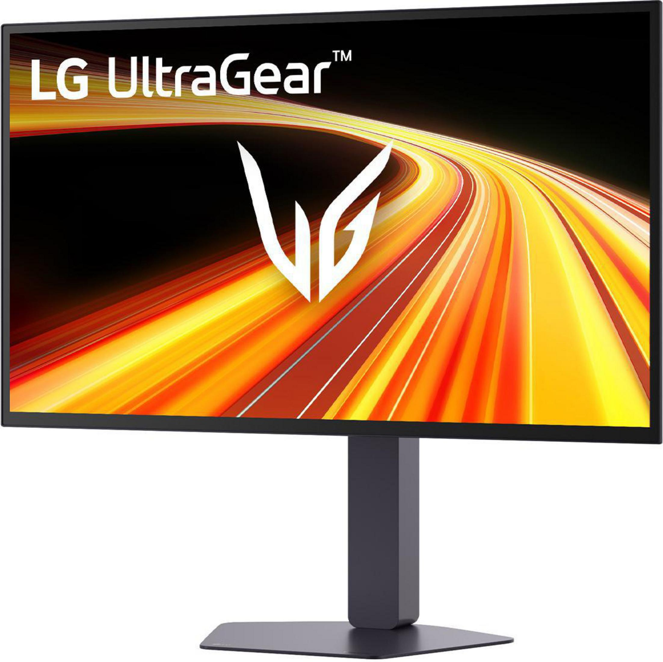 LG UltraGear Monitor mit abstraktem, leuchtendem Hintergrund und einem weißen Logo.