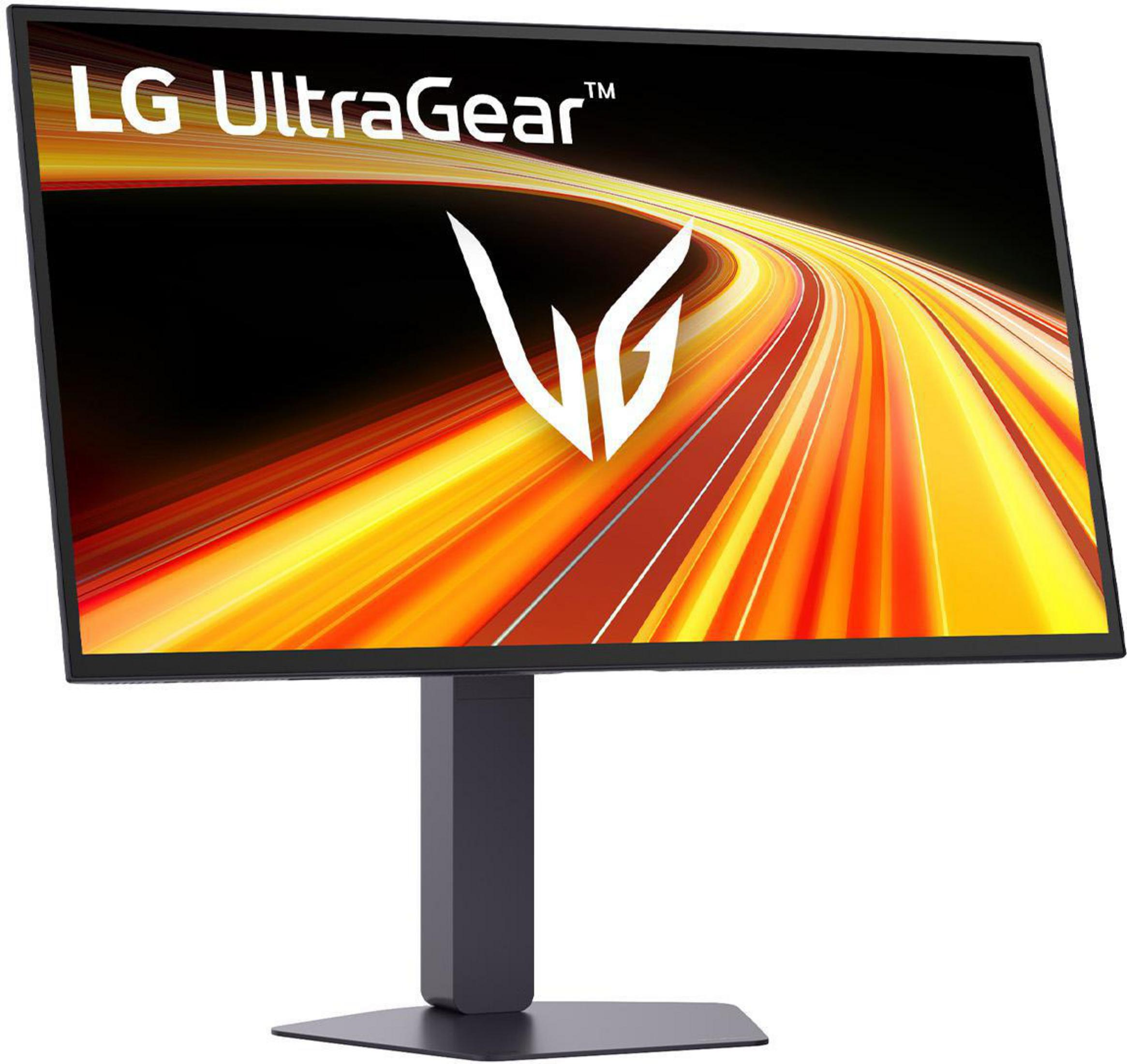 Ein LG UltraGear Monitor mit einem abstrakten Hintergrund in Rot und Gelb.