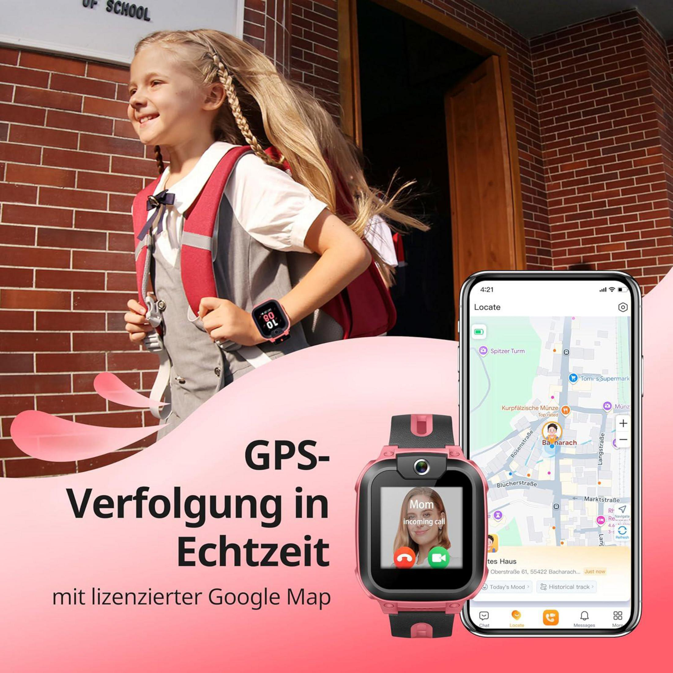 Una bambina con zaino indossa uno smartwatch, e uno smartphone mostra una mappa.