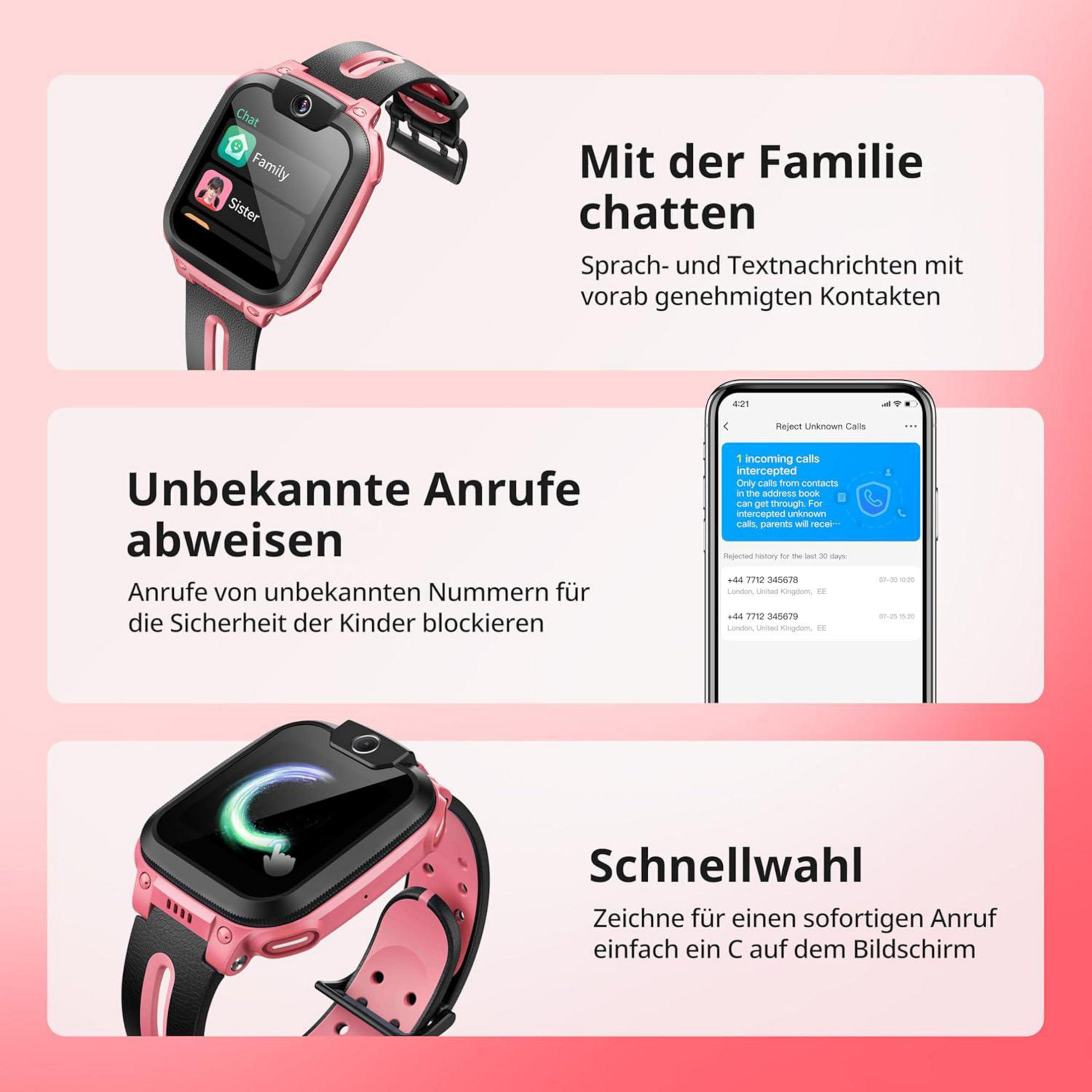 Smartwatch rosa con opzioni chat, famiglia e sorella. Blocco chiamate.