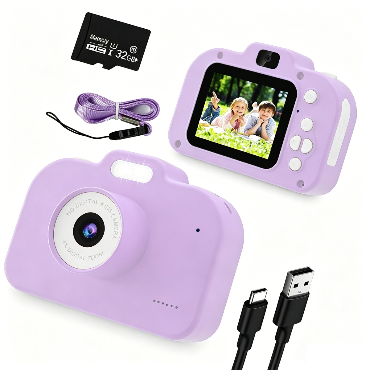 Lila Digitalkamera mit Zubehör: Speicherkarte, Lanyard und USB-Kabel.