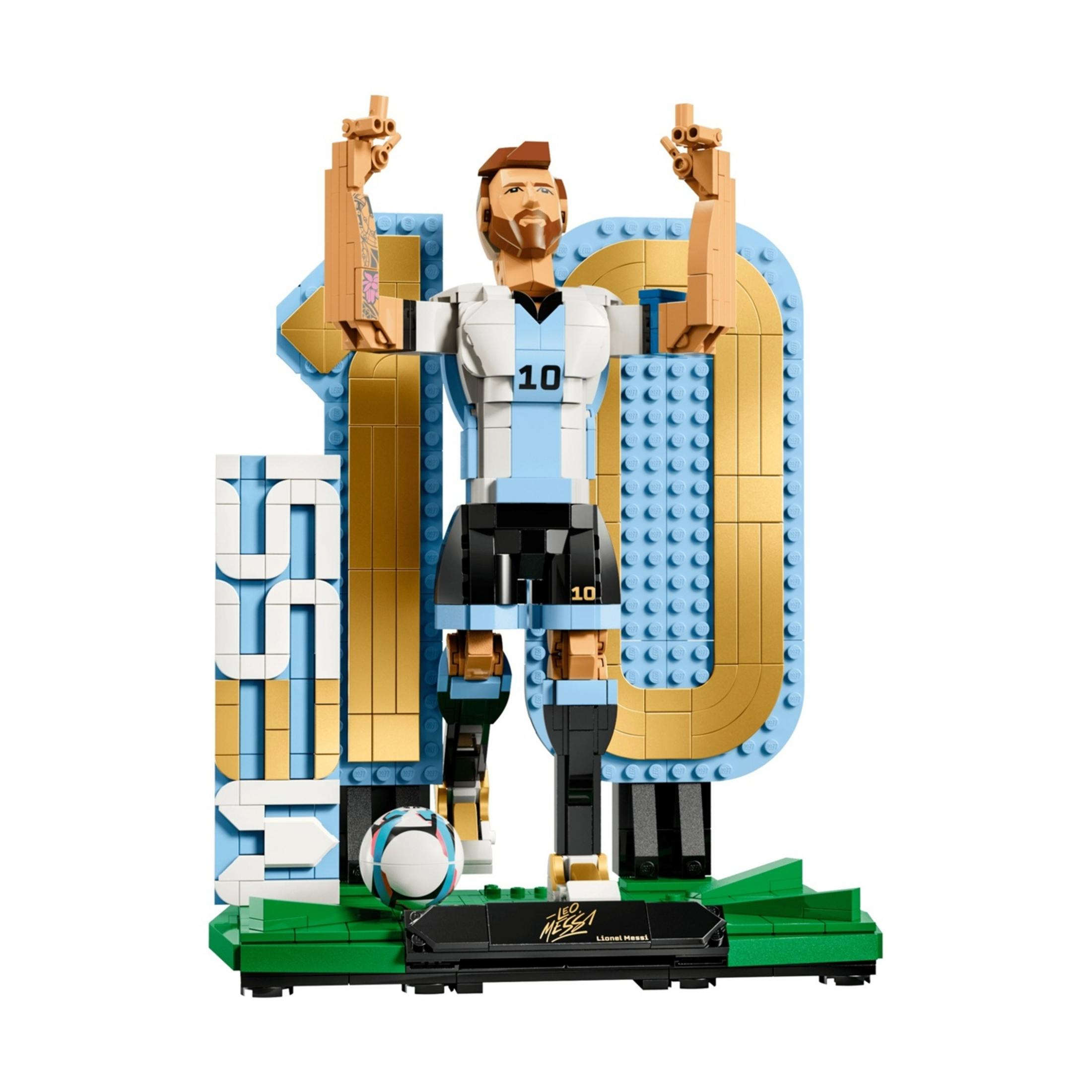 Figura Lego di Lionel Messi in maglia Argentina numero 10.