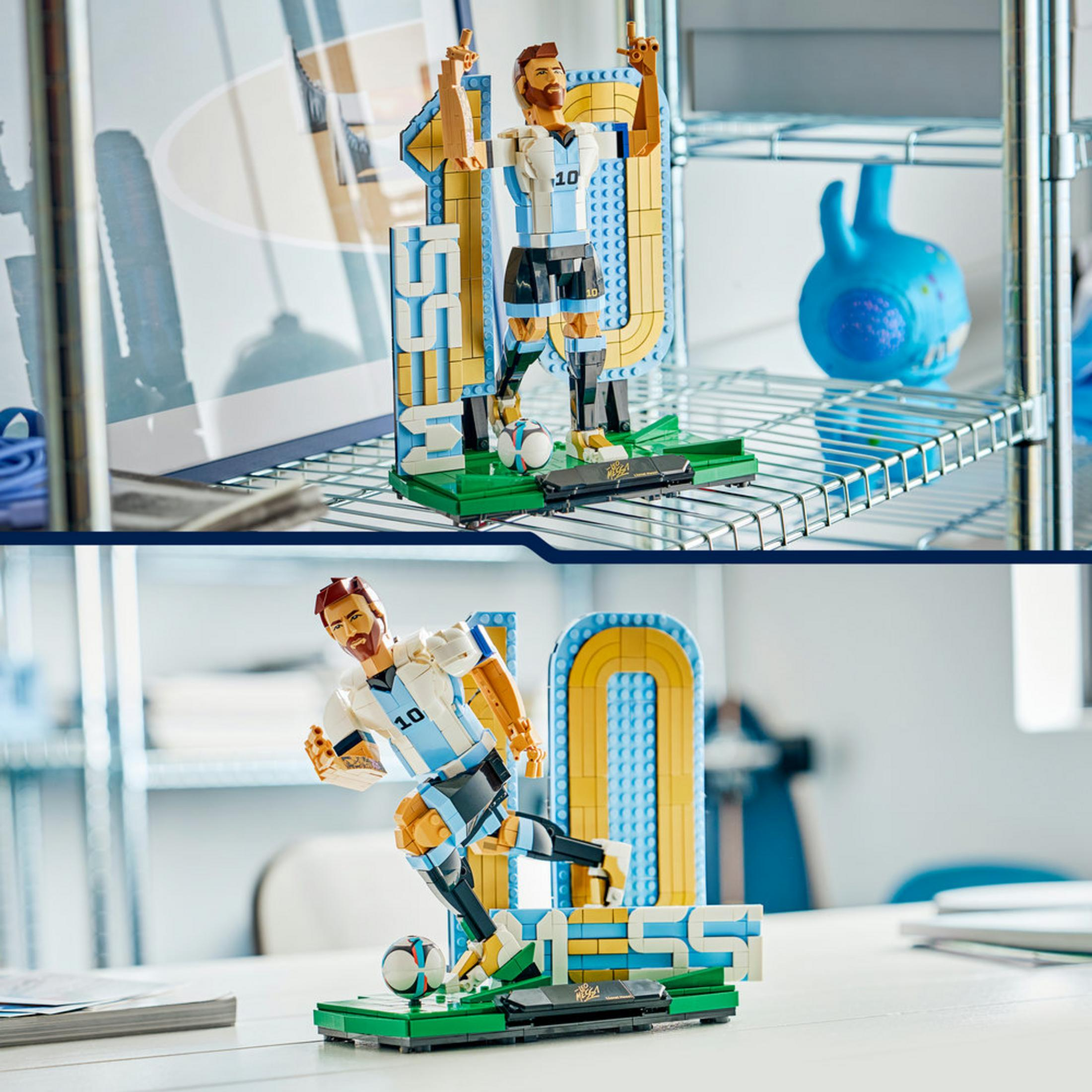 Figure Lego di Lionel Messi in due pose, una in piedi, una che corre.