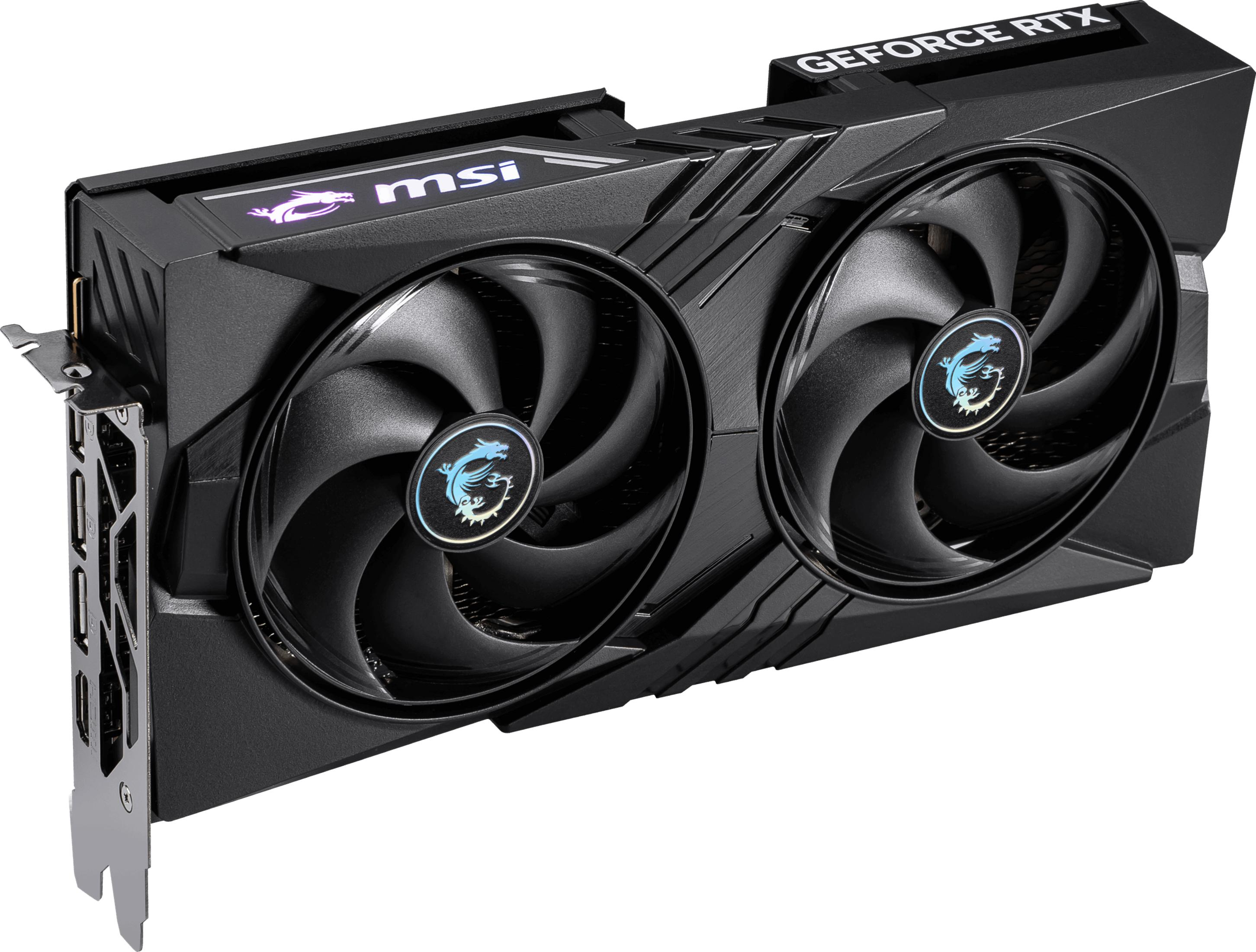 Carte graphique MSI GeForce RTX noire avec deux ventilateurs et logo éclairé.