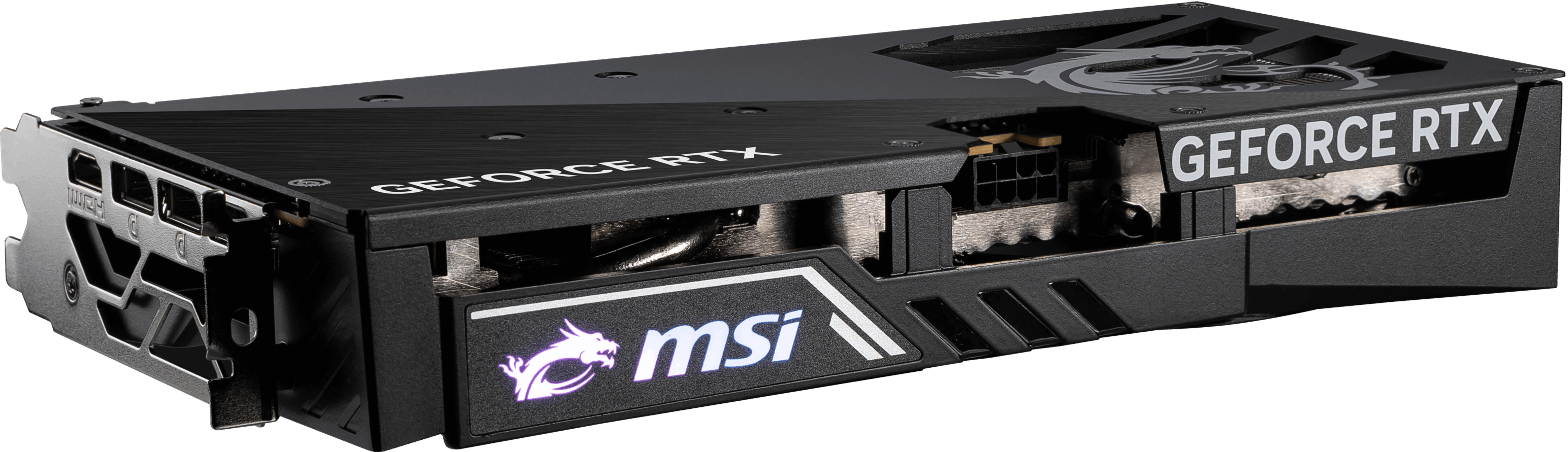 Carte graphique MSI GeForce RTX noire avec lettrage argenté et logo dragon.