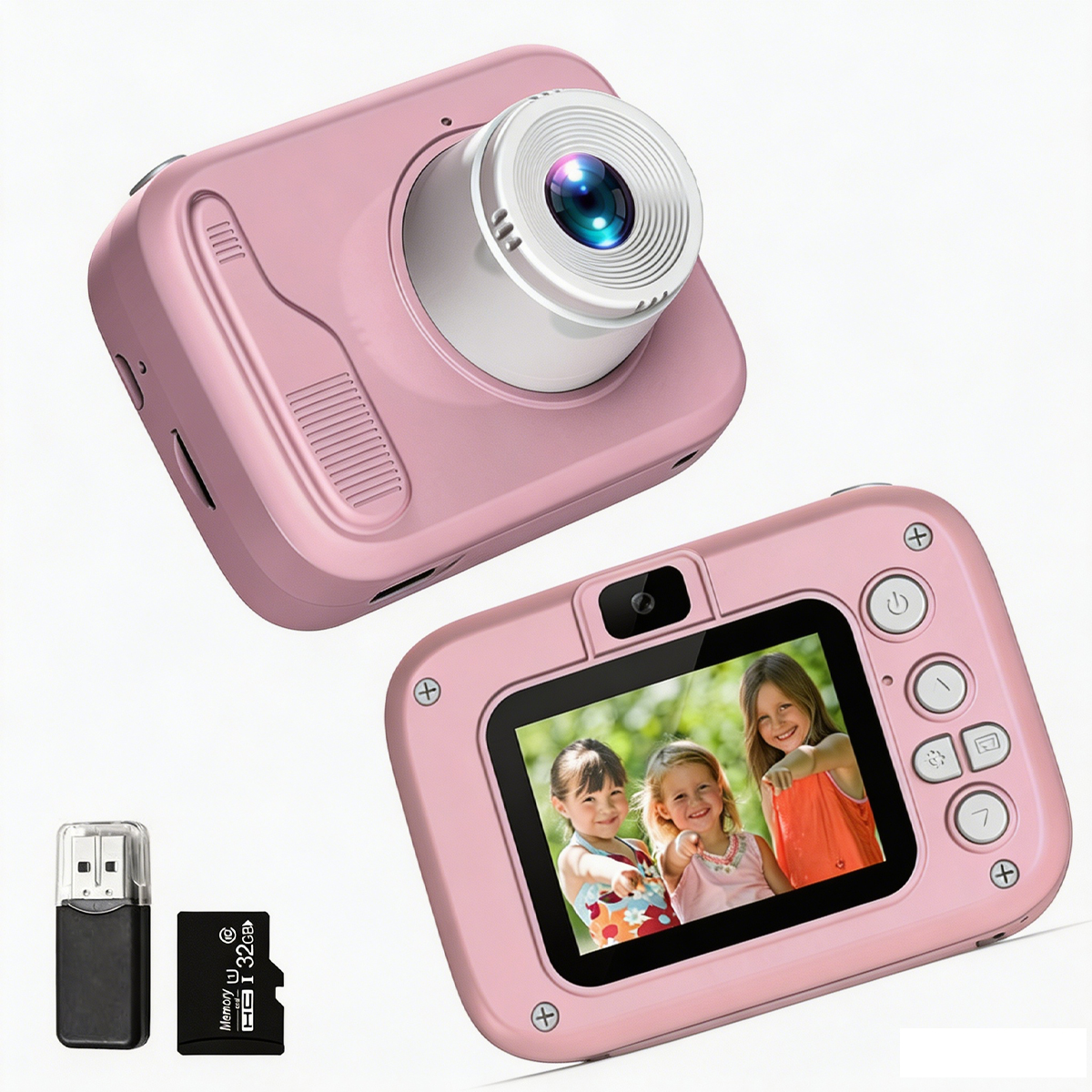 Due fotocamere digitali rosa con scheda di memoria e chiavetta USB.
