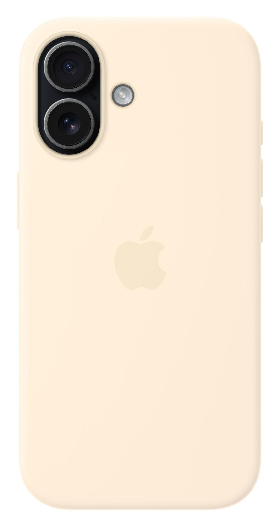 Una custodia per telefono color crema con due fotocamere e flash sul retro.