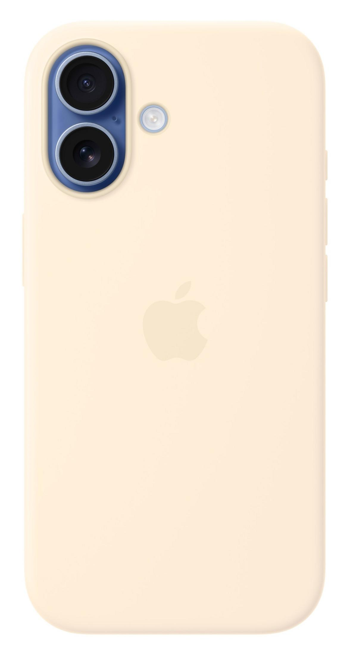 Una custodia per telefono color crema con logo Apple e doppia fotocamera.