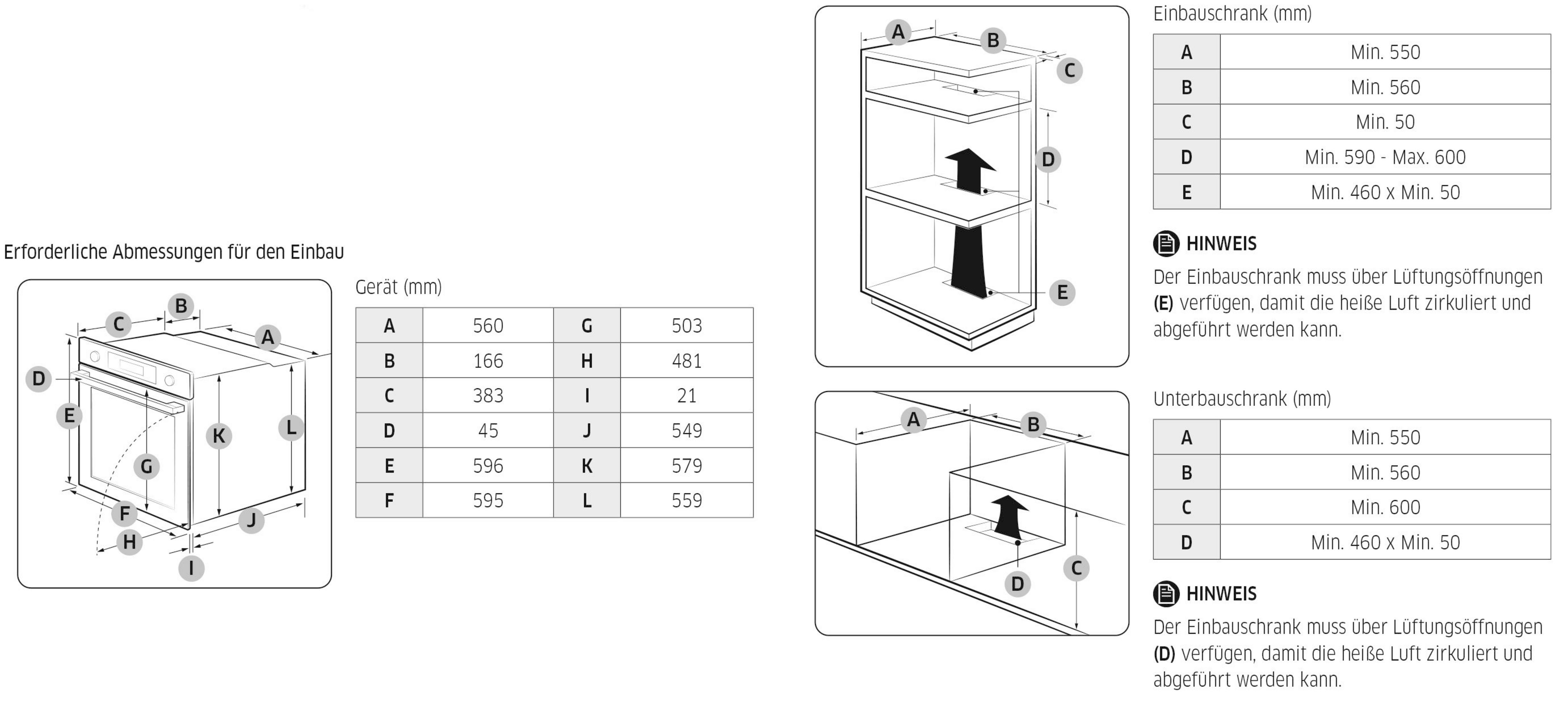 Diagramme zeigen Einbaumaße für Geräte mit Tabellen für Einbau- und Unterbauschränke.