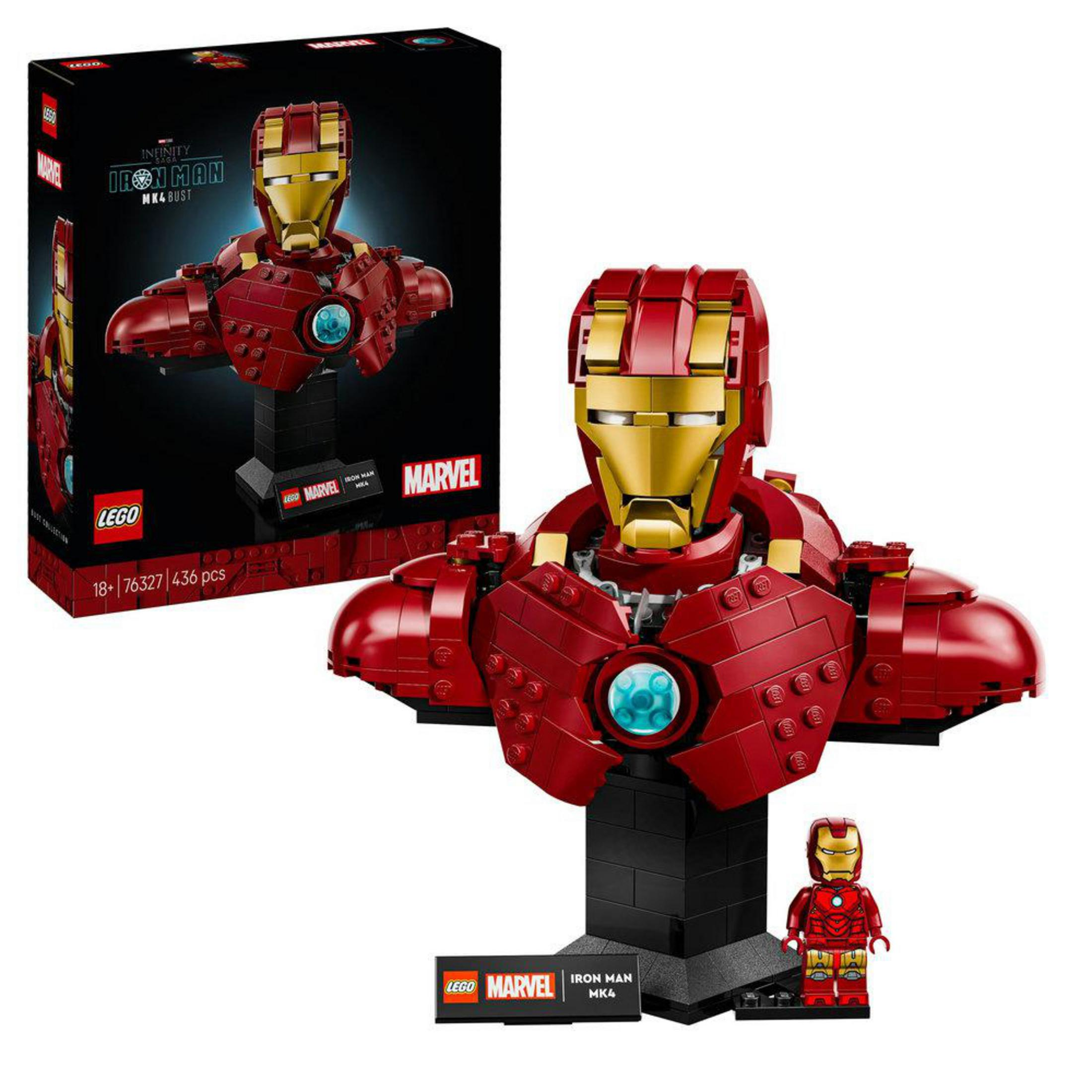 Busto e minifigure LEGO Iron Man Mk4 accanto alla sua scatola.