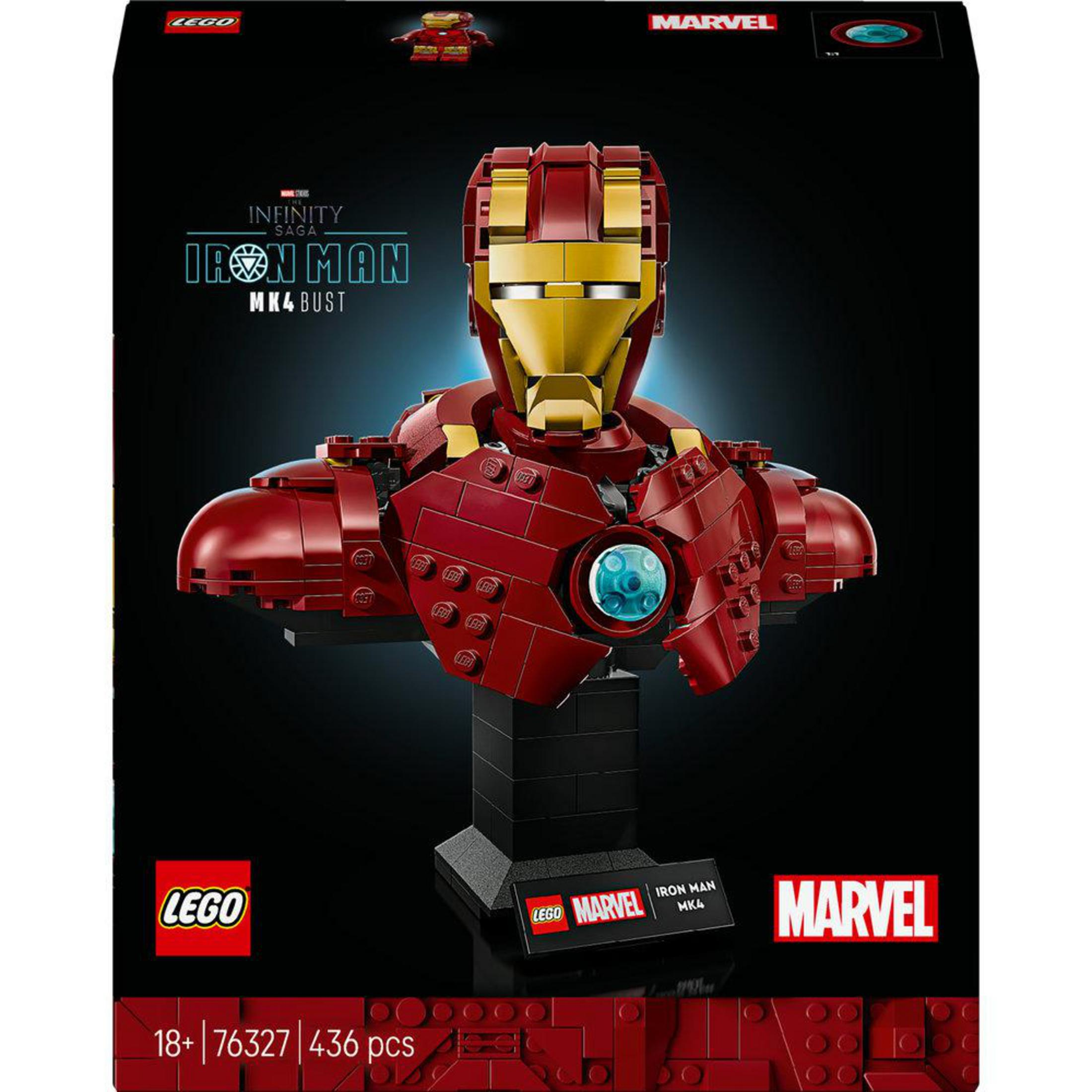 Busto LEGO Iron Man Mk4 della Saga Infinity Marvel su piedistallo nero.