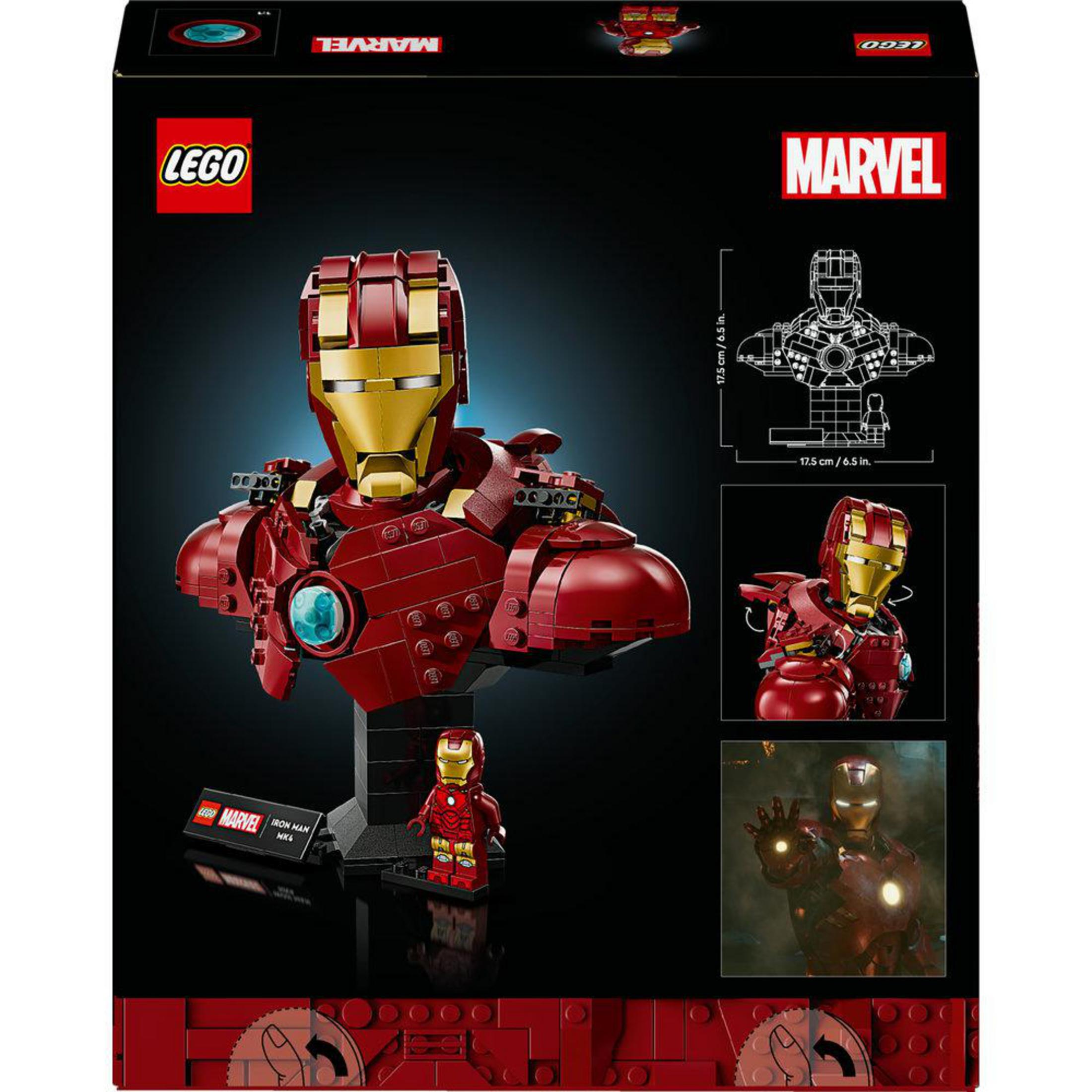 Set busto LEGO Iron Man con minifigure e dimensioni.