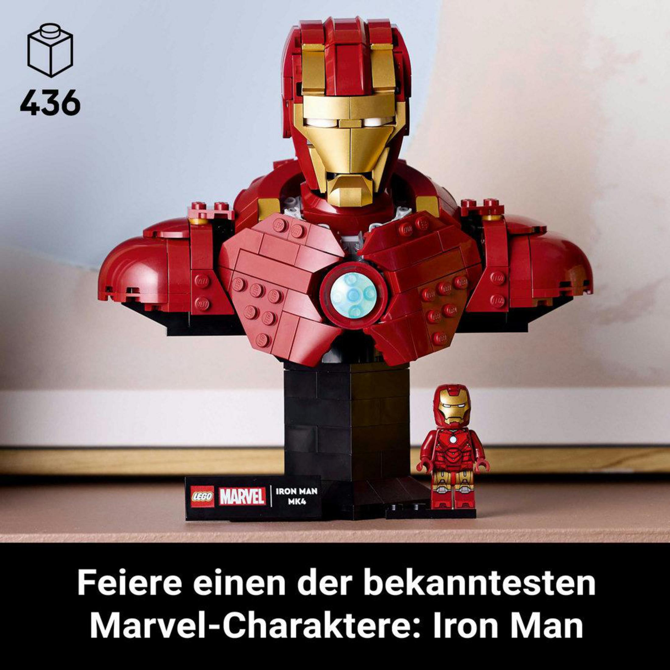 Busto Lego di Iron Man con minifigure e scritta "Iron Man Mk4".