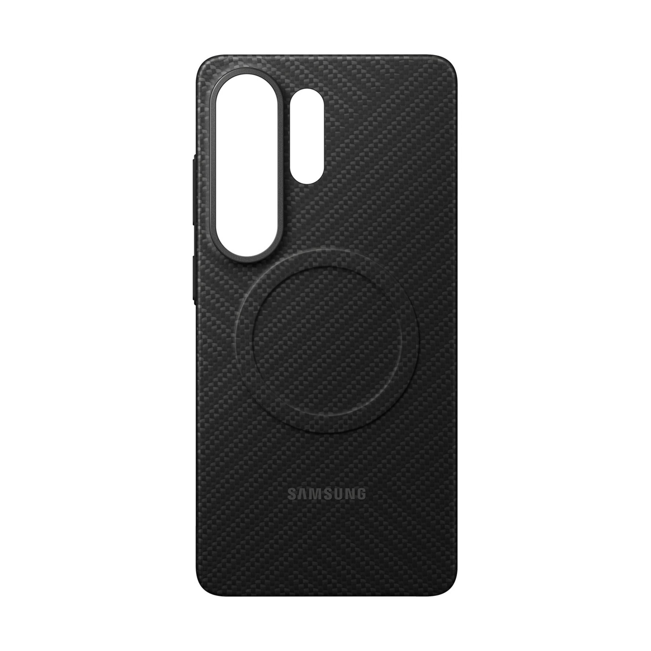Funda de teléfono negra con patrón de fibra de carbono y recorte circular.