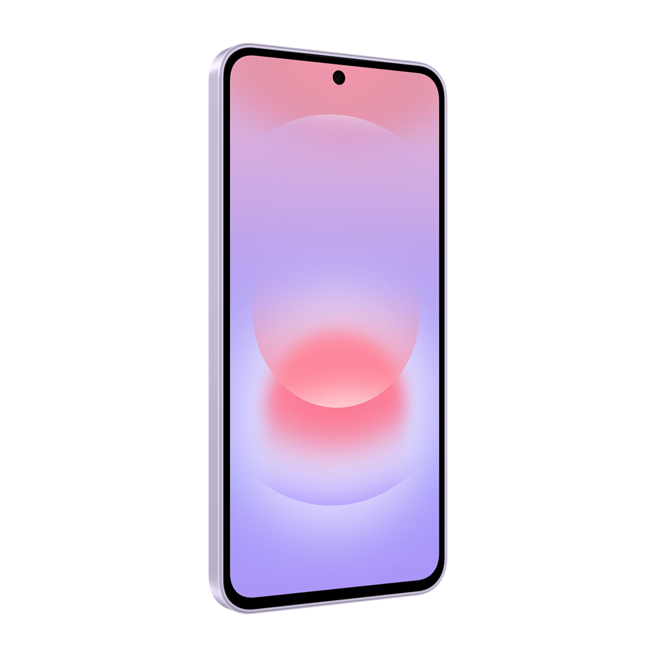 Ekranında pembeden mora geçiş yapan açık mor bir akıllı telefon.