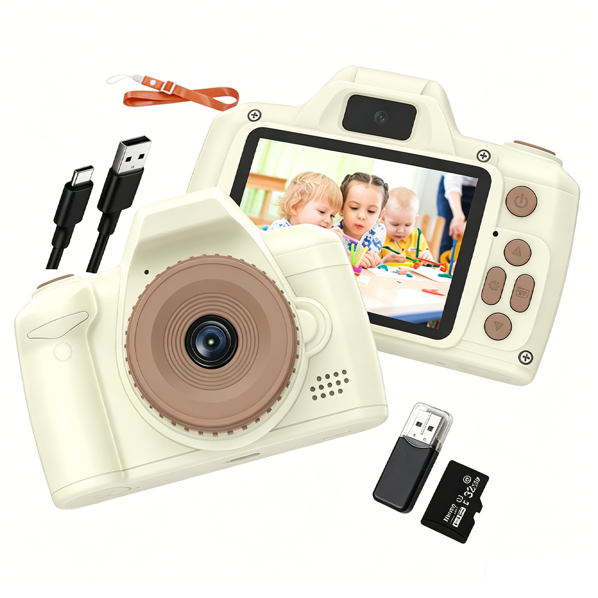 Due fotocamere digitali bianche, accessori e un'unità USB su sfondo bianco.